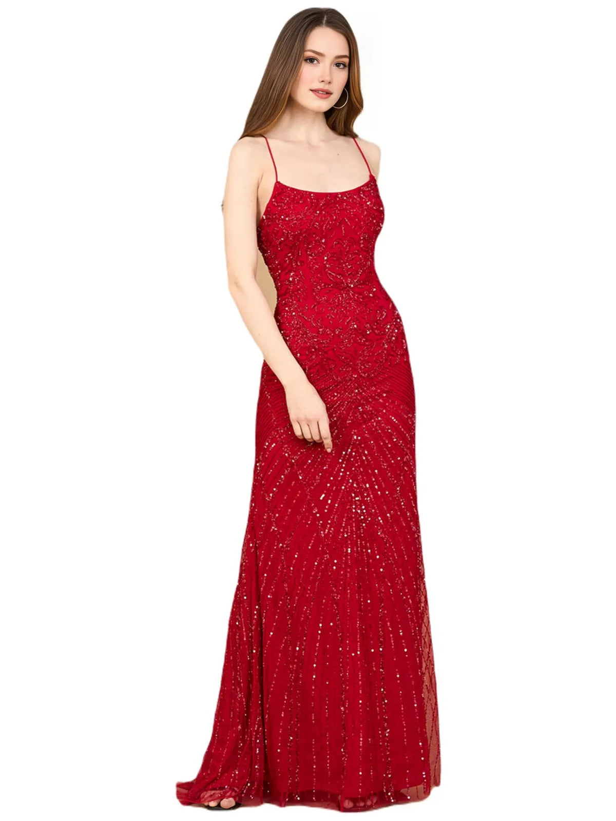Red scoop-neck beaded evening dress with spaghetti straps, fitted bodice, floor-length skirt