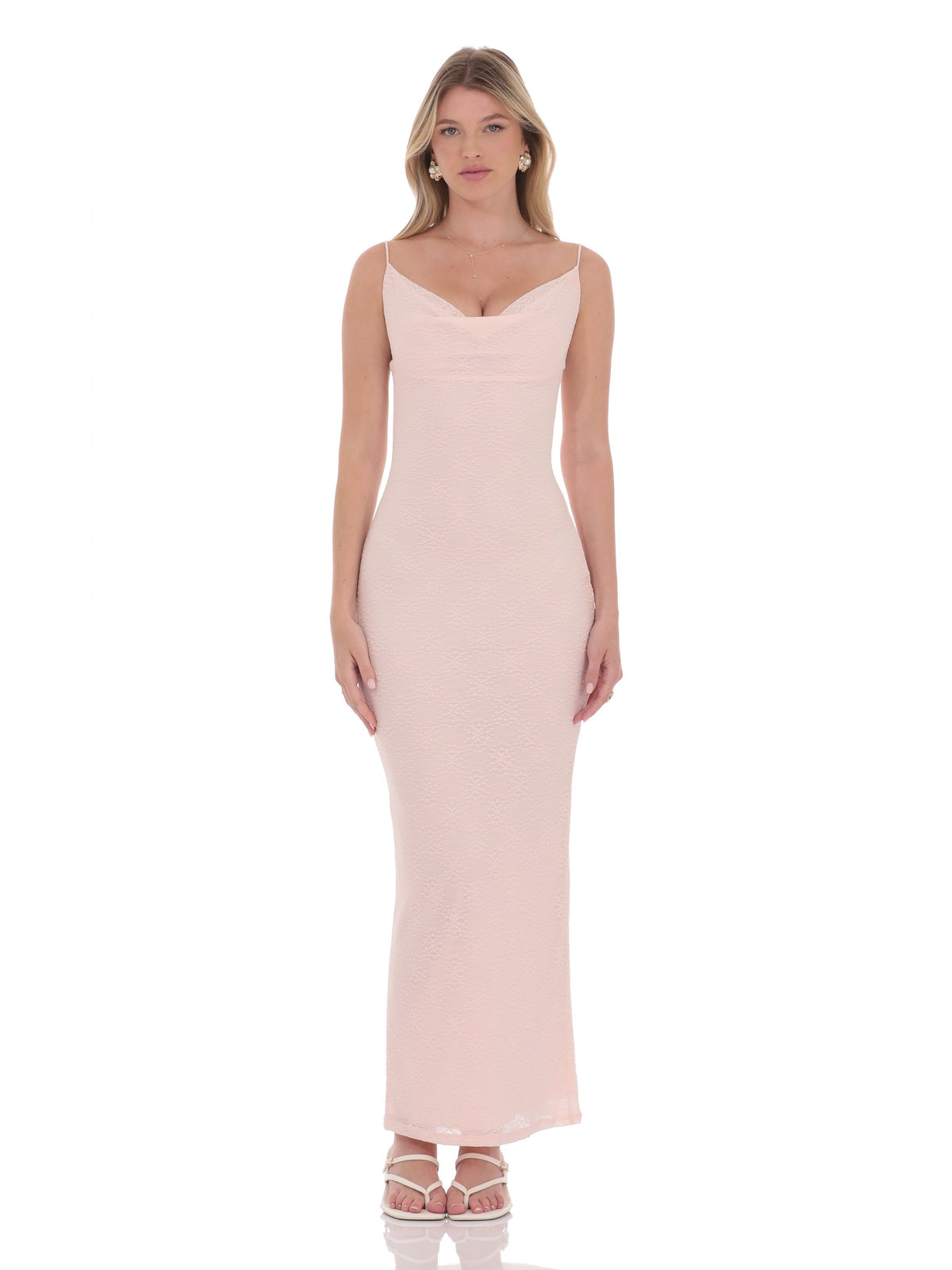 Pink bridesmaid dress with cowl neck neckline