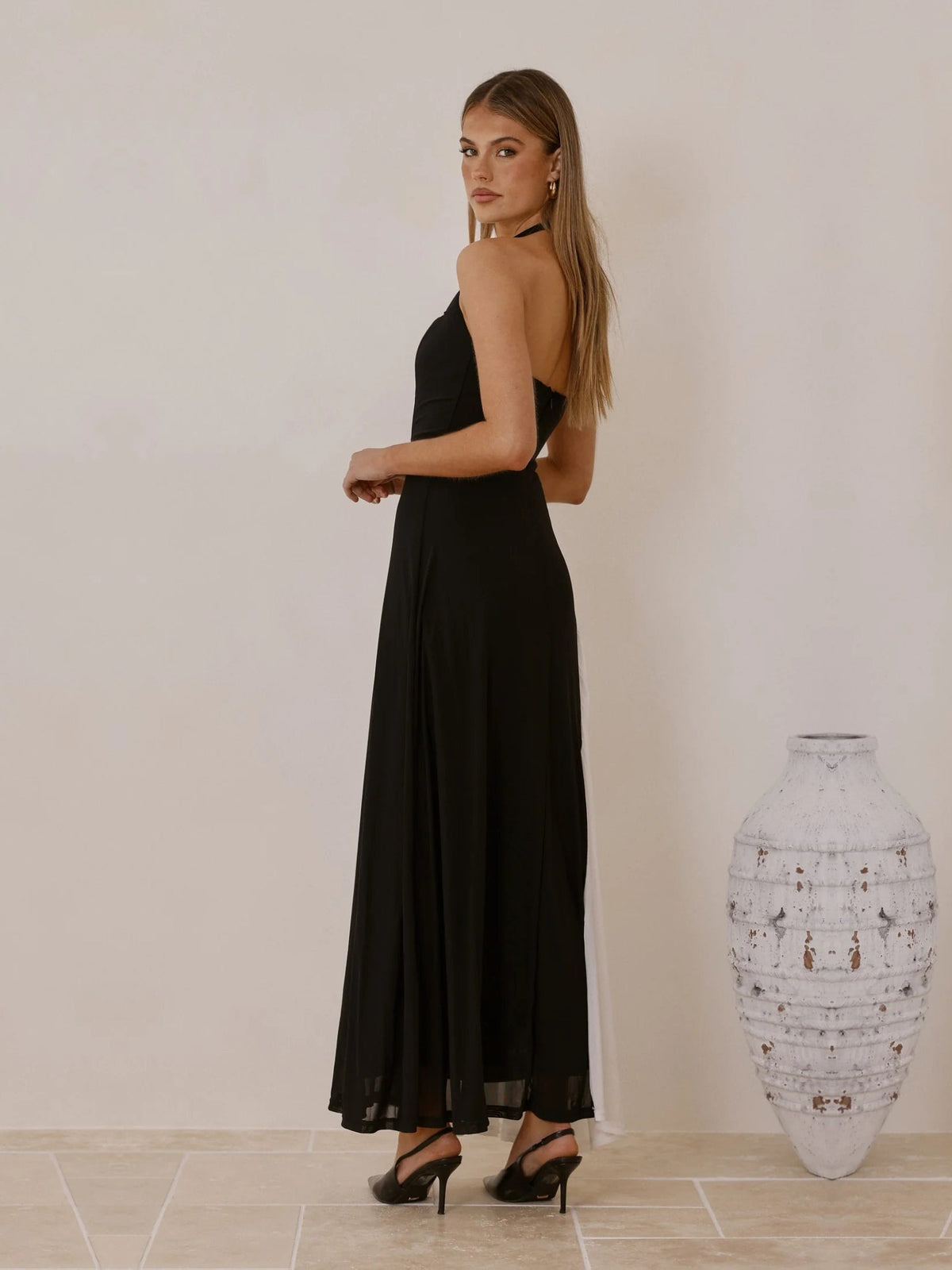 White sheath maxi formal dress with color-block panels, alternate view