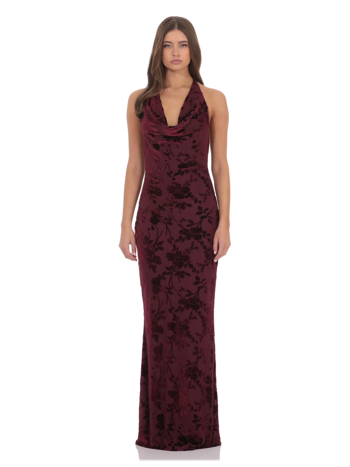 Plum bridesmaid dress with cowl neck neckline