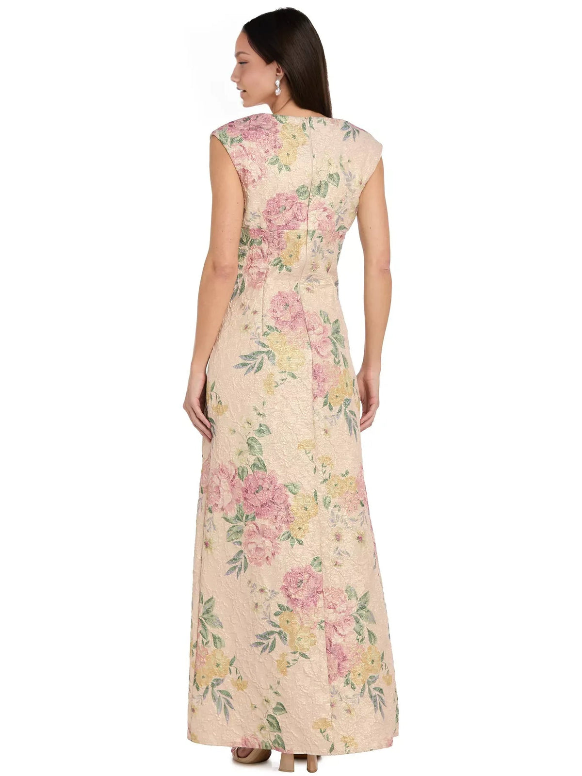 Back view floral sweetheart slit sheath dress, sleeveless long beige with pink and green print