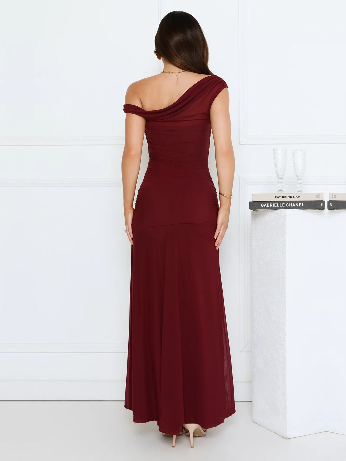 Wine sheath maxi formal dress with sheath, full-length back view