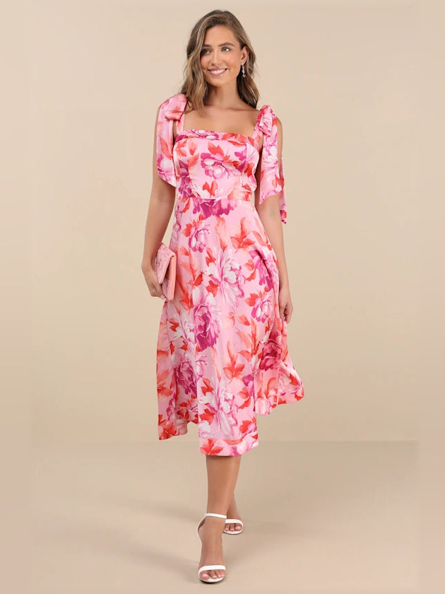 Pink Floral midi formal dress with floral print, alternate view