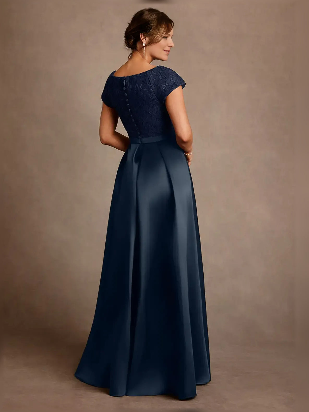 Navy lace boat-neck A-line satin mother-of-the-bride dress, back view