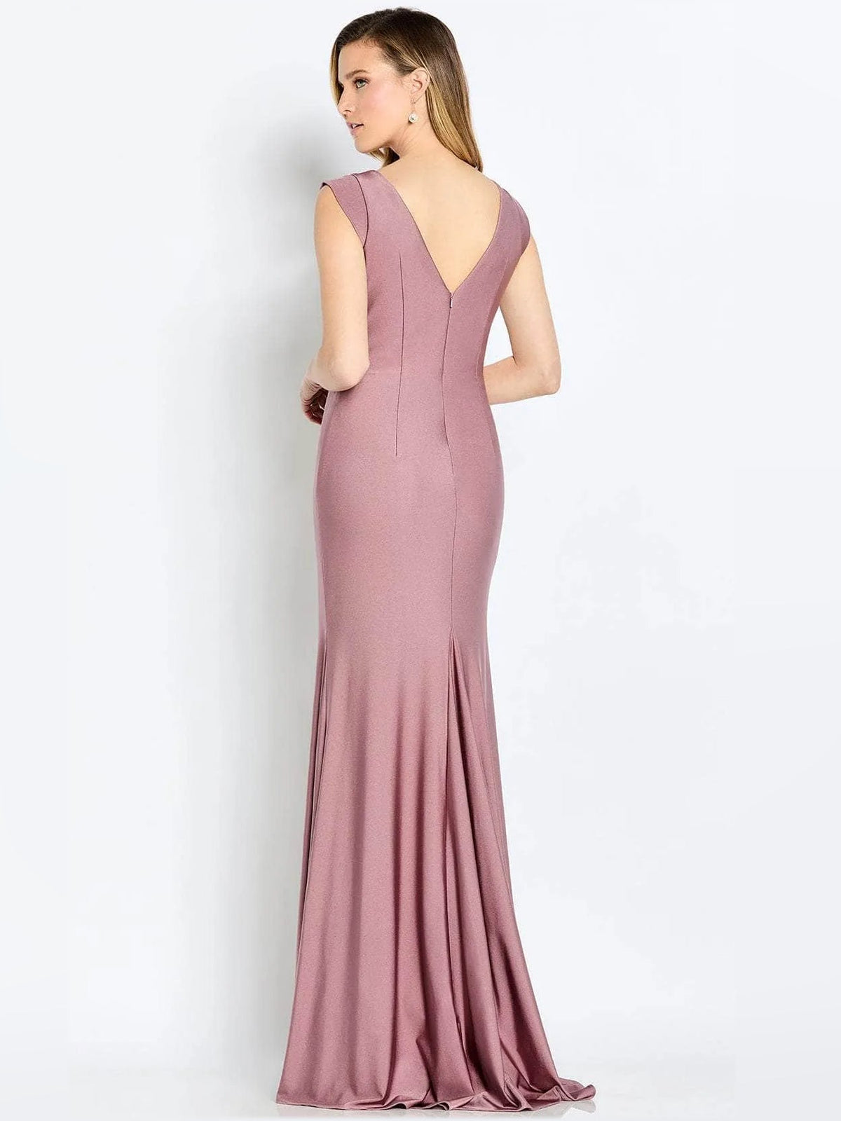 Rose gold satin sheath dress with V-back and ruched waist, floor-length slit