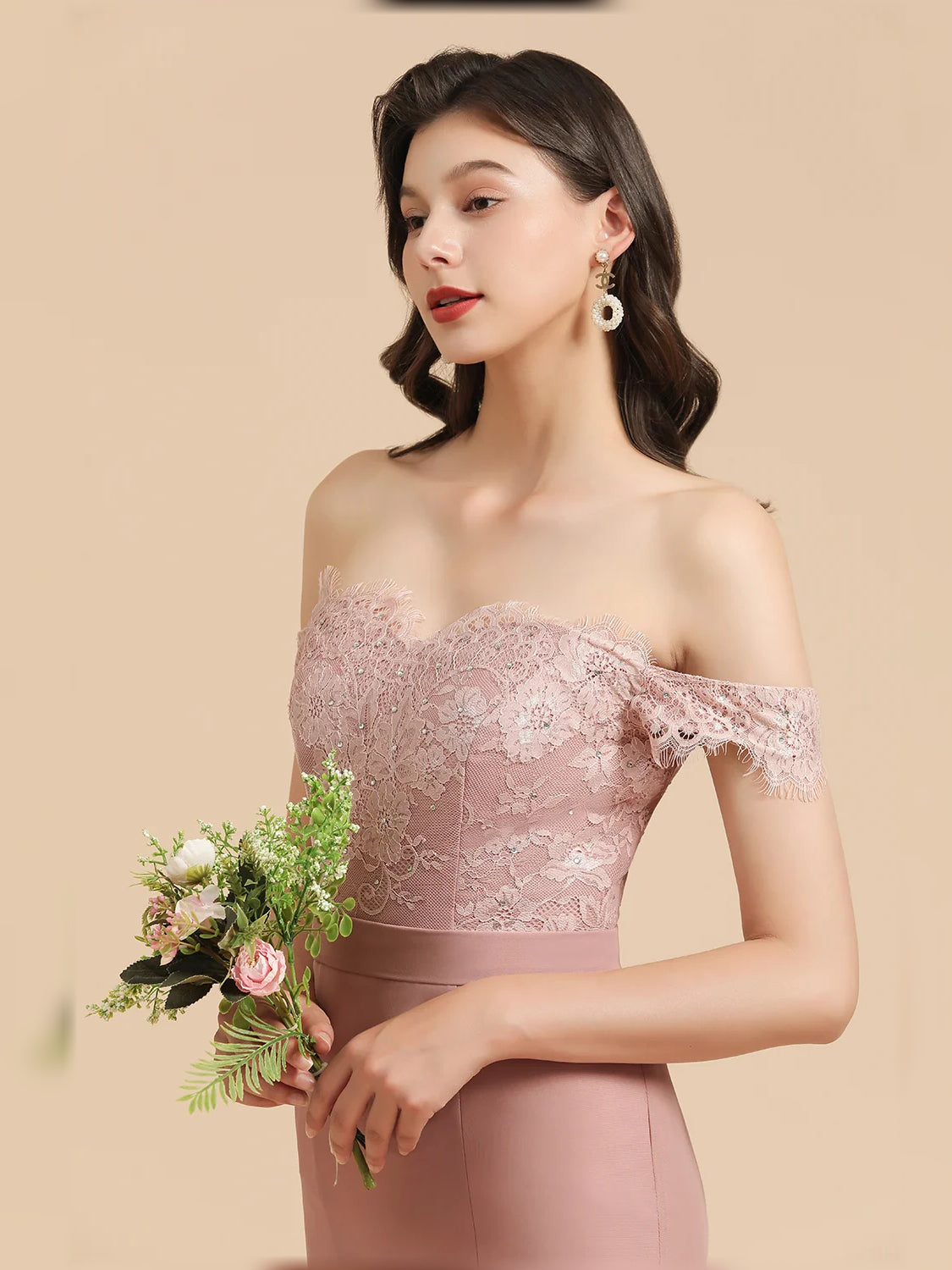 Dusty rose off-shoulder lace bodice with floral beaded detail, short lace sleeves