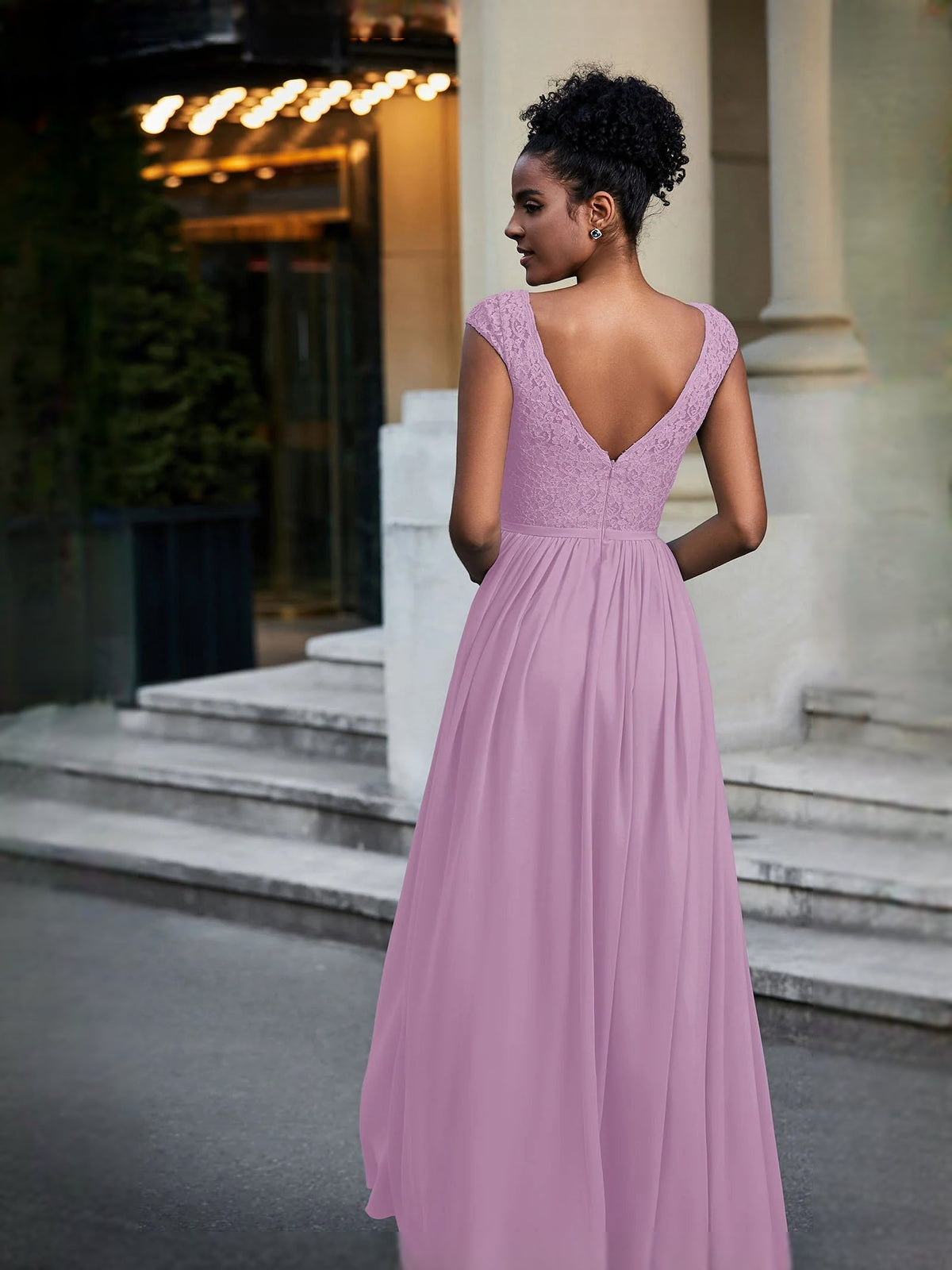 Wisteria lavender V-neck A-line chiffon maxi dress with V-back, sleeveless