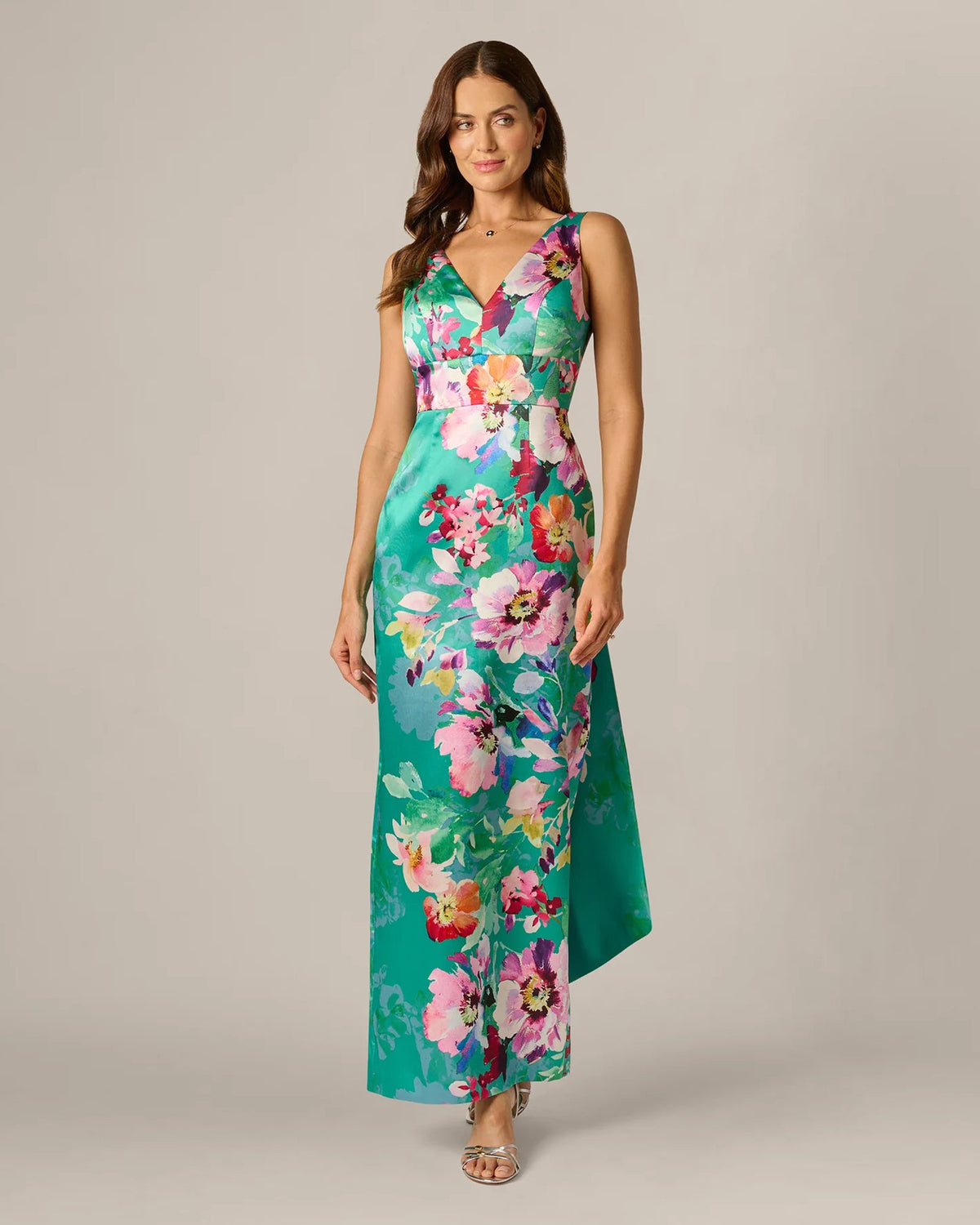 Green floral sheath maxi dress with V-neck and asymmetrical side drape