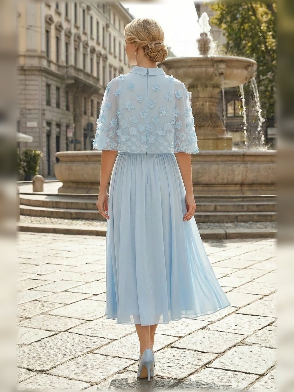 Sky blue chiffon midi dress back view, high neck bow, pleated A-line skirt