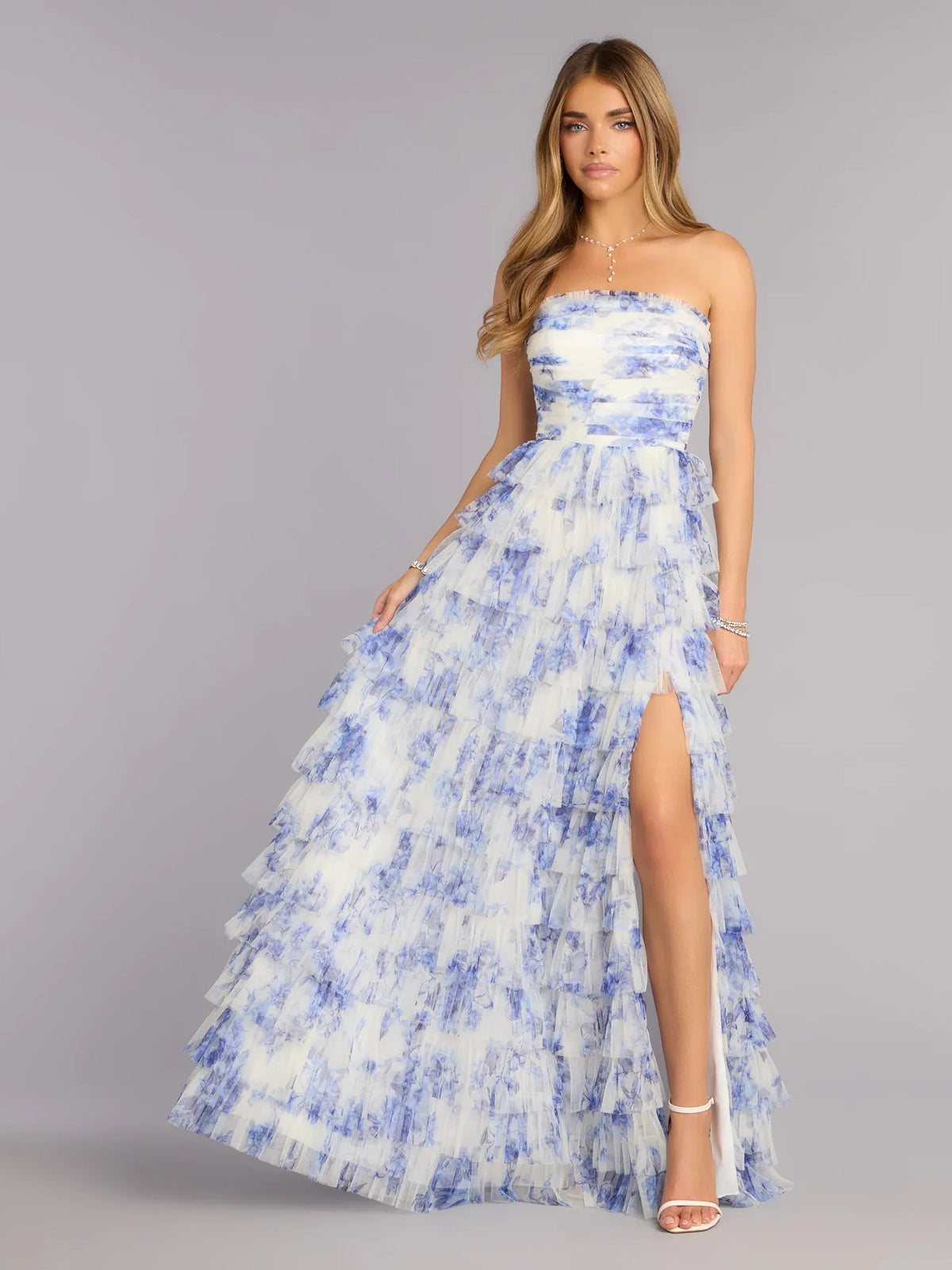 Light blue and white floral strapless A-line maxi tulle dress with side slit
