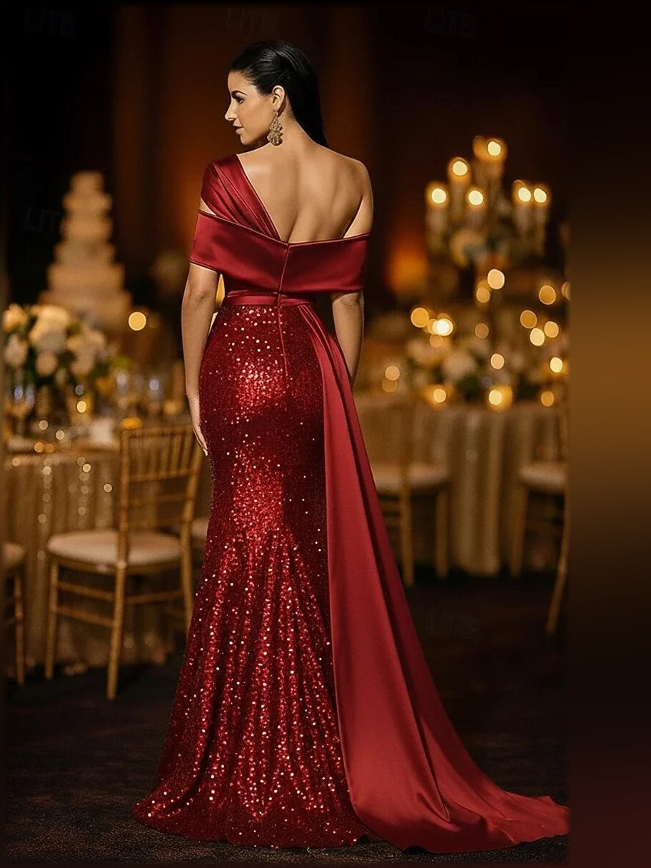 Burgundy one-shoulder mermaid formal dress, draped satin bodice and sequin hem