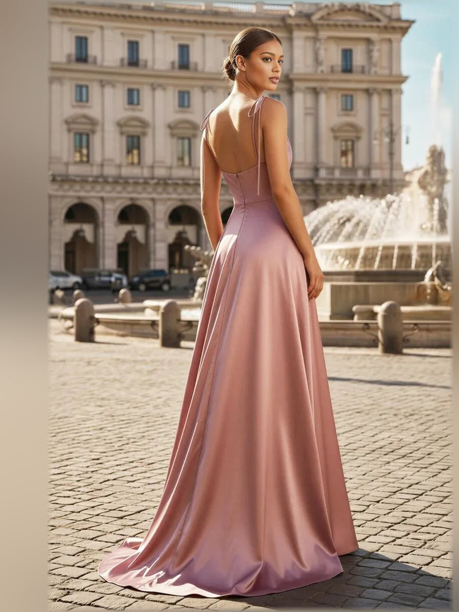 Dusty rose formal dress with sleeveless cowl neck, open back, A-line floor-length