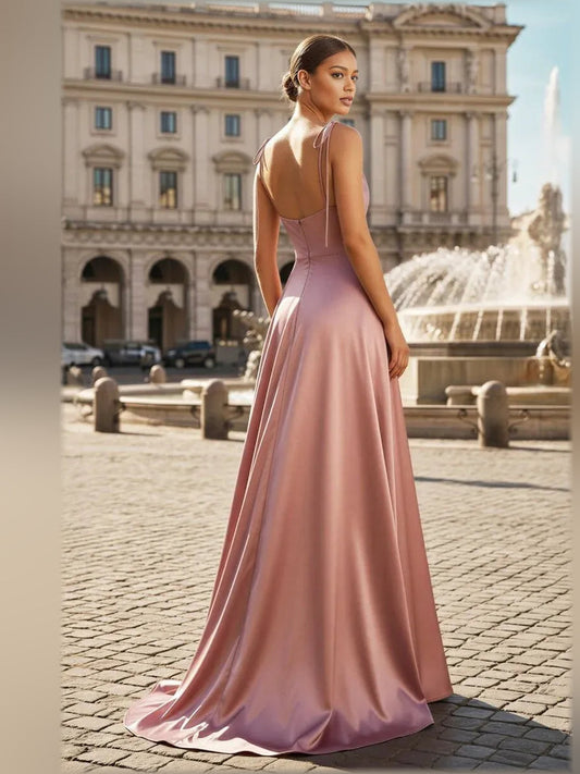 Dusty rose formal dress with sleeveless cowl neck, open back, A-line floor-length