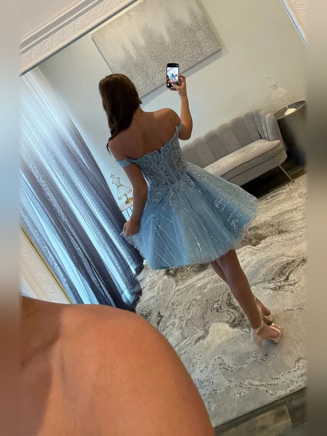 Light blue off-shoulder corset short tulle A-line dress, open back view, sequin sparkle