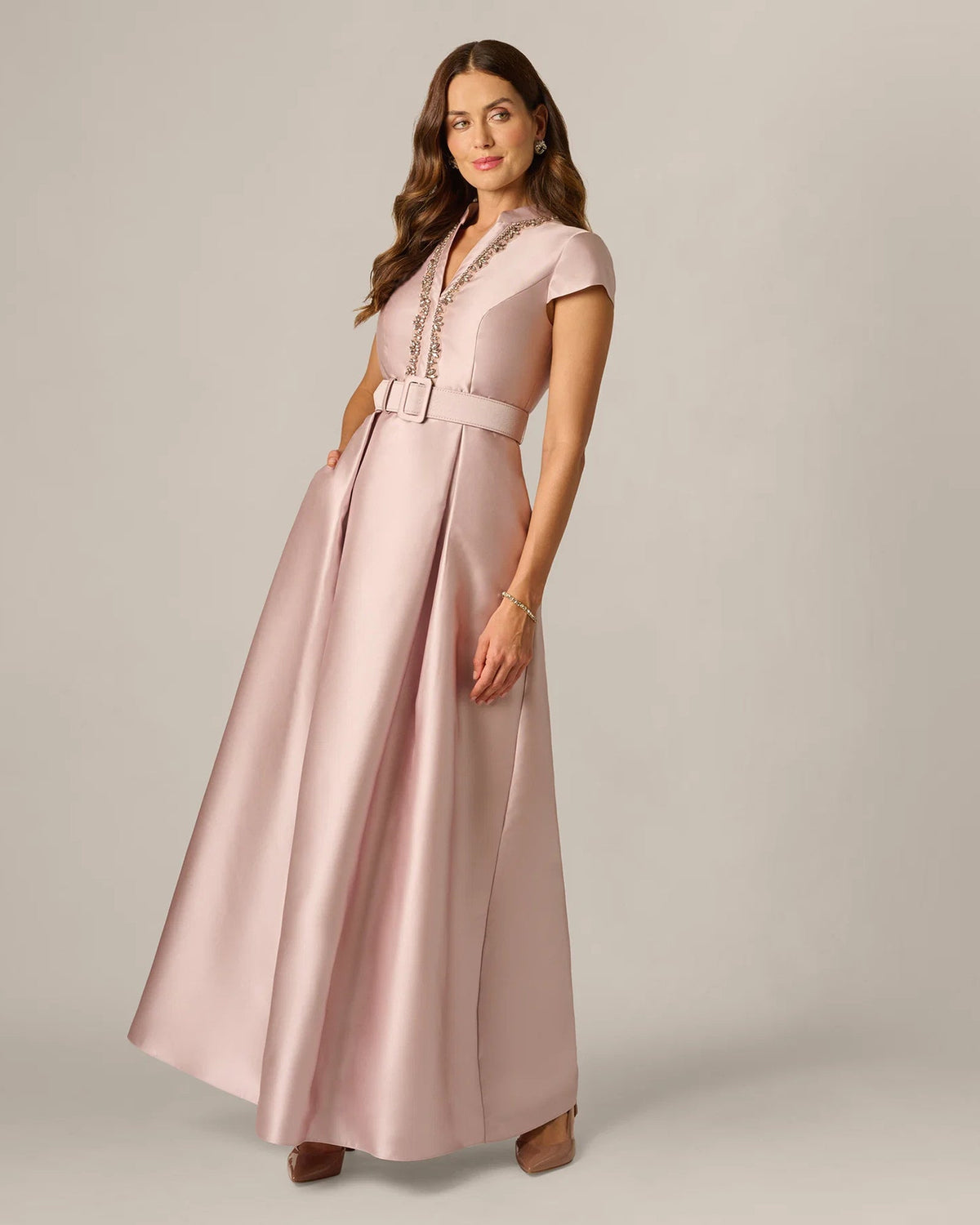 Blush pink A-line maxi dress with cap sleeves, jeweled trim V-neck and waist belt