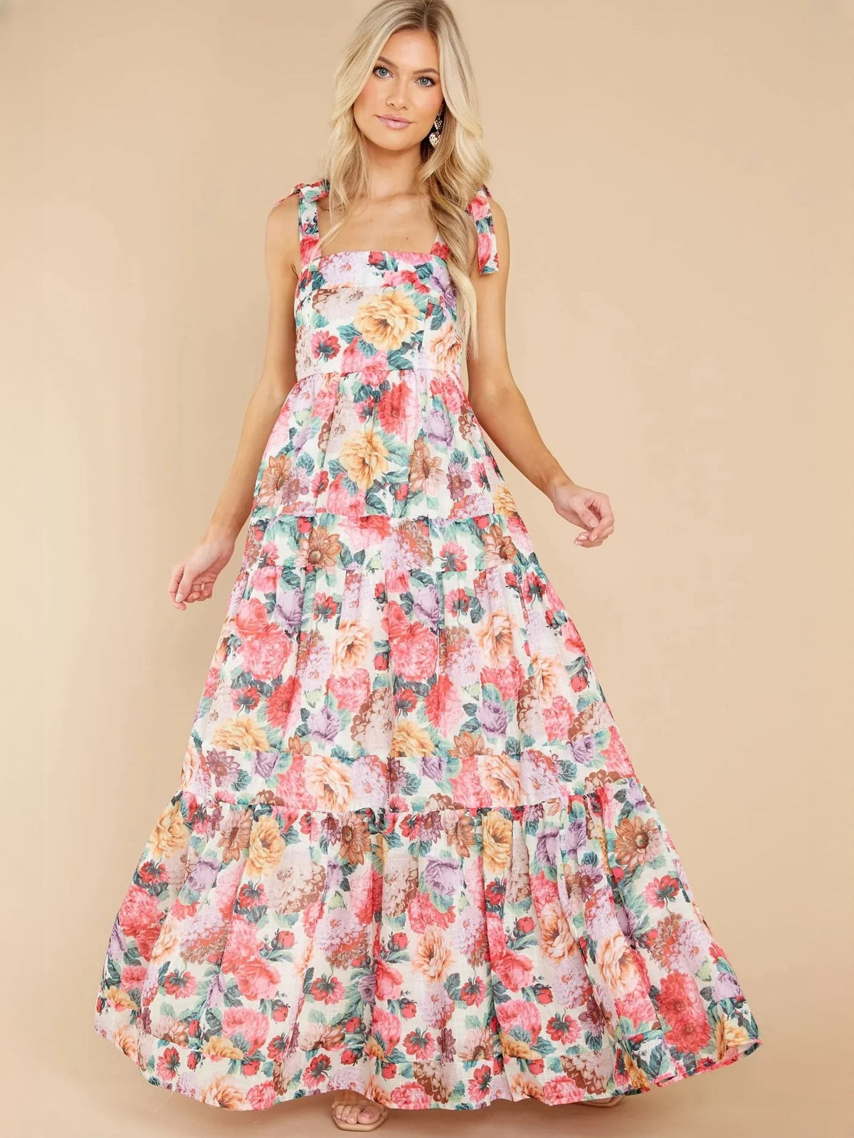 Ivory Multicolor Floral Print a-line maxi formal dress with tiered skirt, alternate full-length view