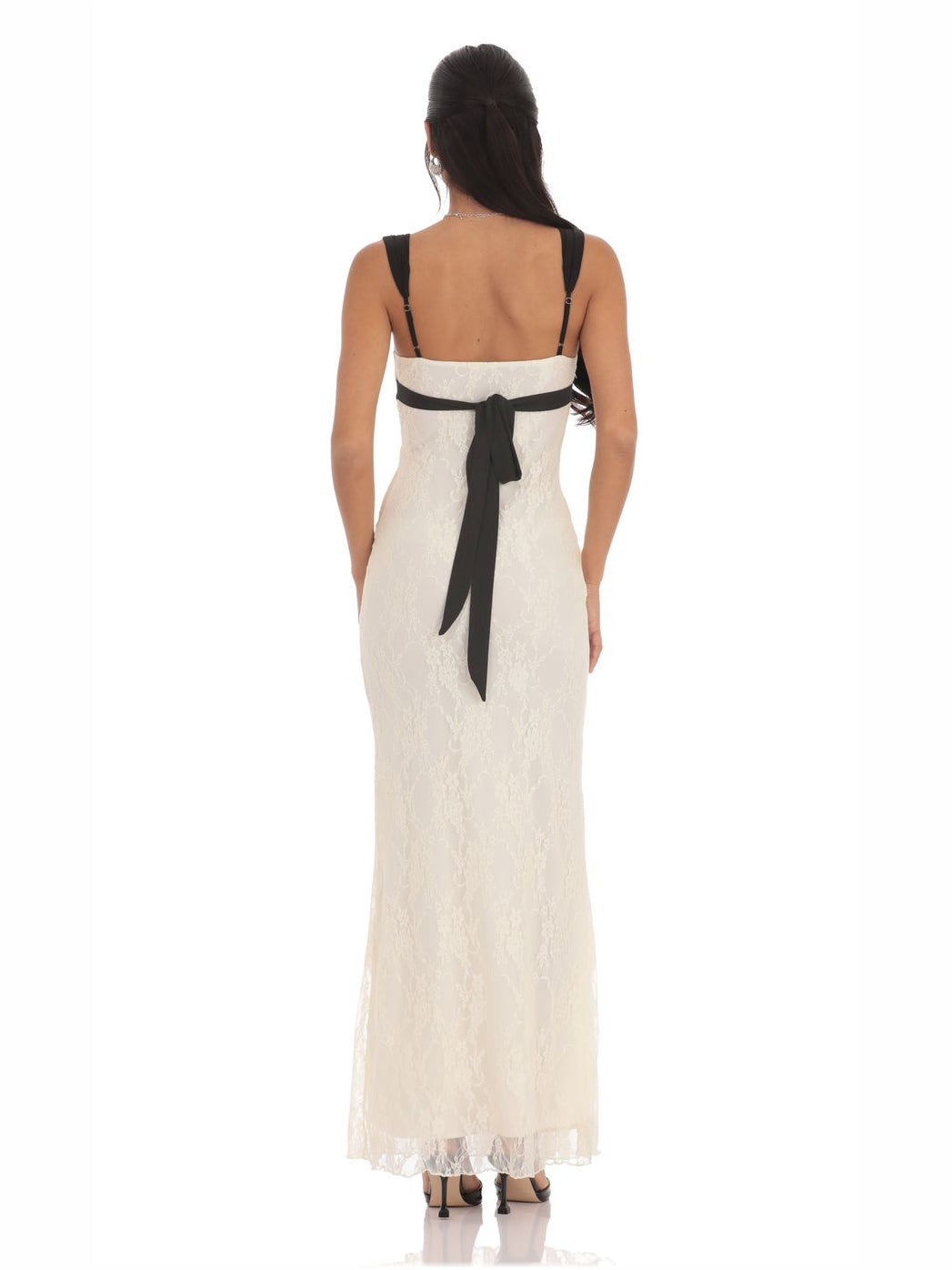 Cream sheath maxi formal dress with bow detail, full-length back view