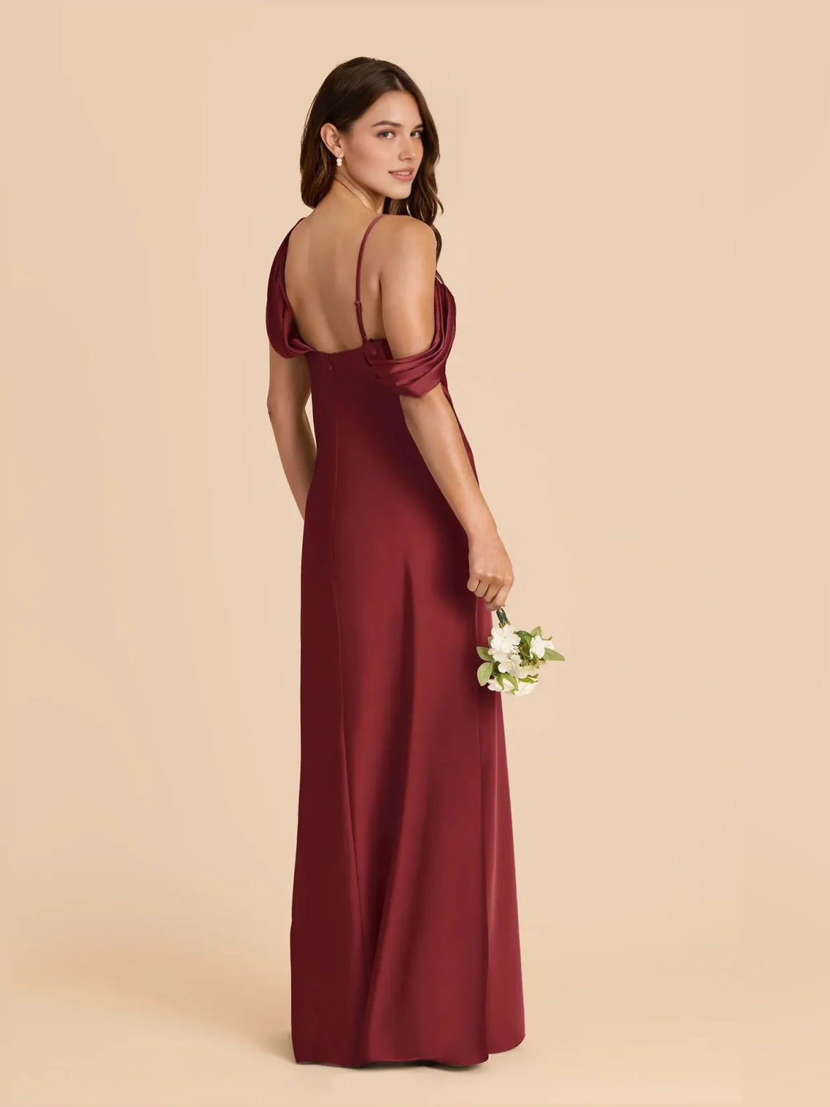 Crimson satin A-line maxi dress with open back, thin straps, and draped cowl front