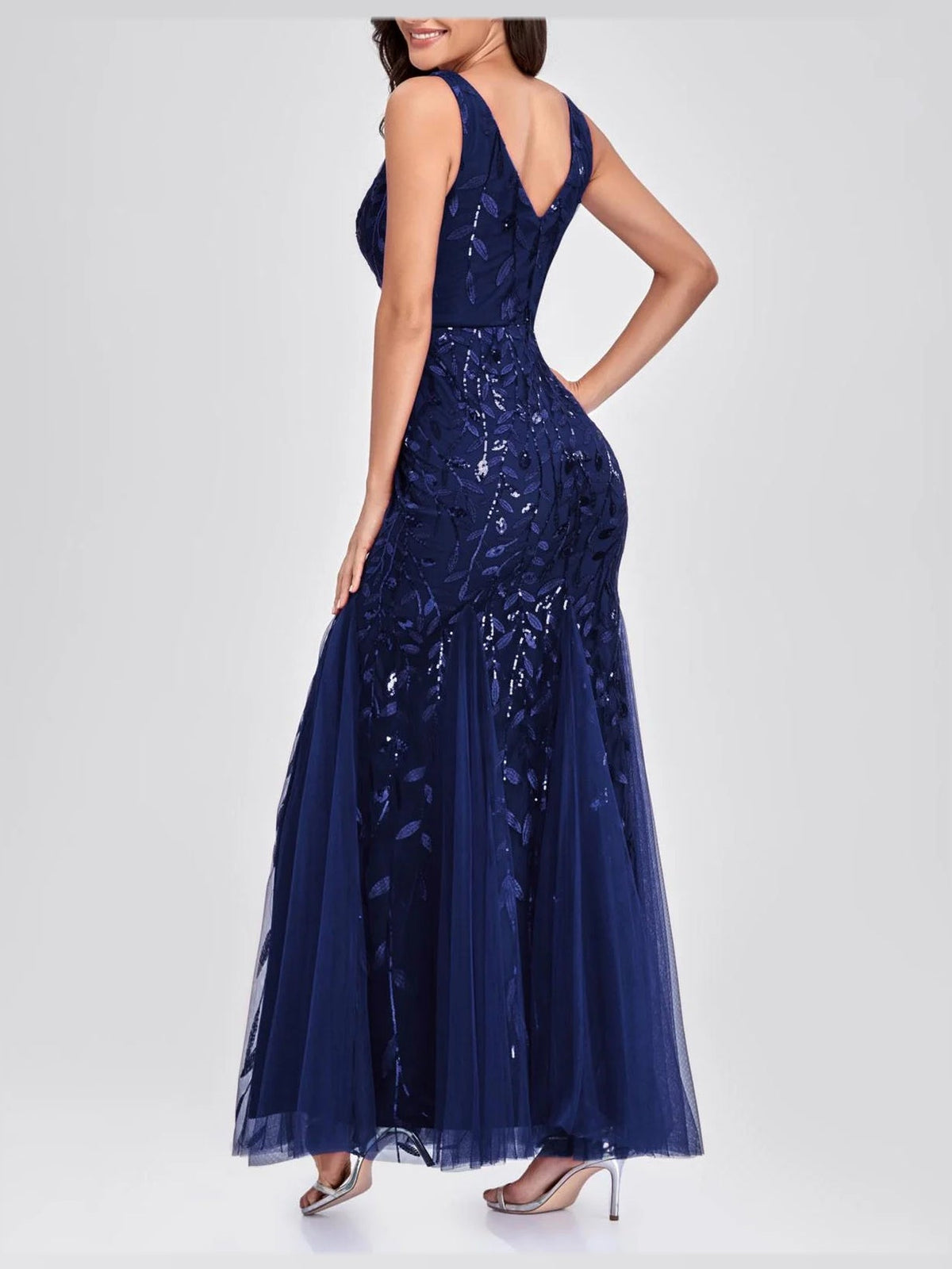 Navy Blue mermaid maxi formal dress with sequins, full-length back view