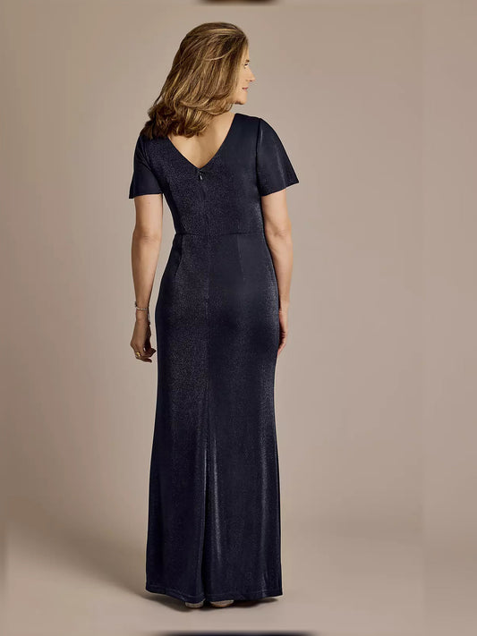 Dark navy ruched sheath maxi dress with short sleeves, shown from the back