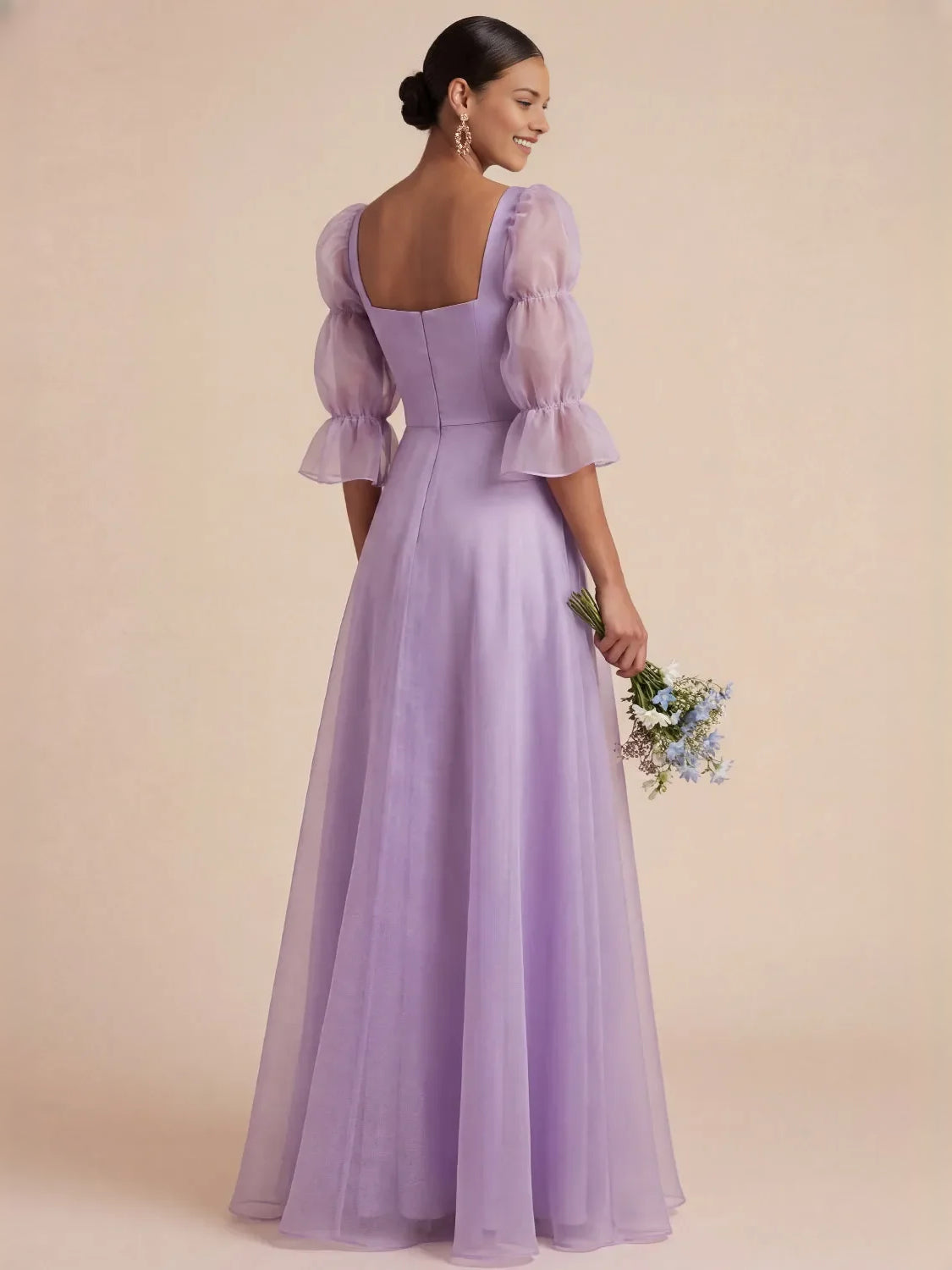 Lilac satin A-line maxi dress with square neckline and puff sleeves, side view