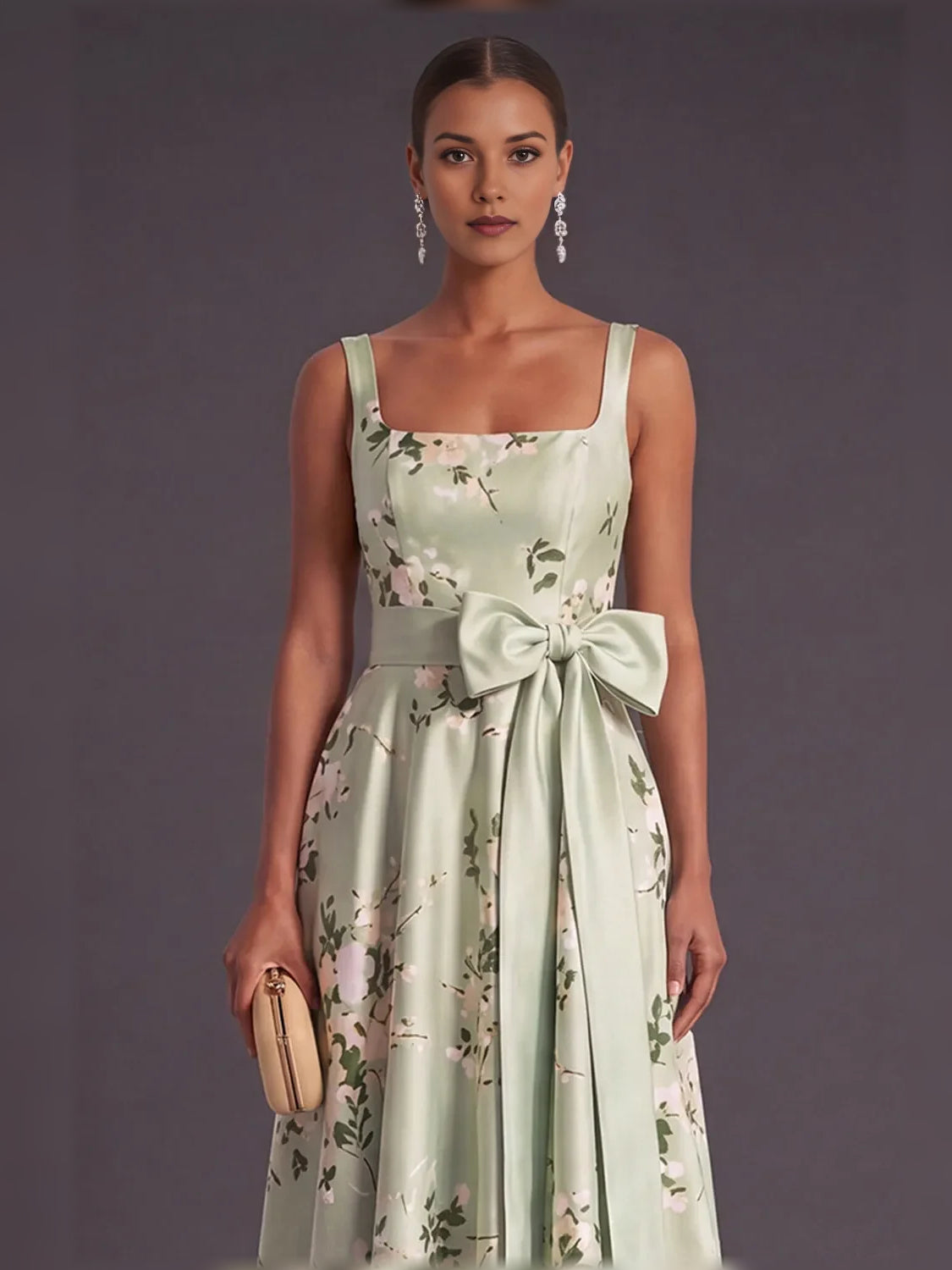 Sage green floral A-line dress with square neck, spaghetti straps and large front bow