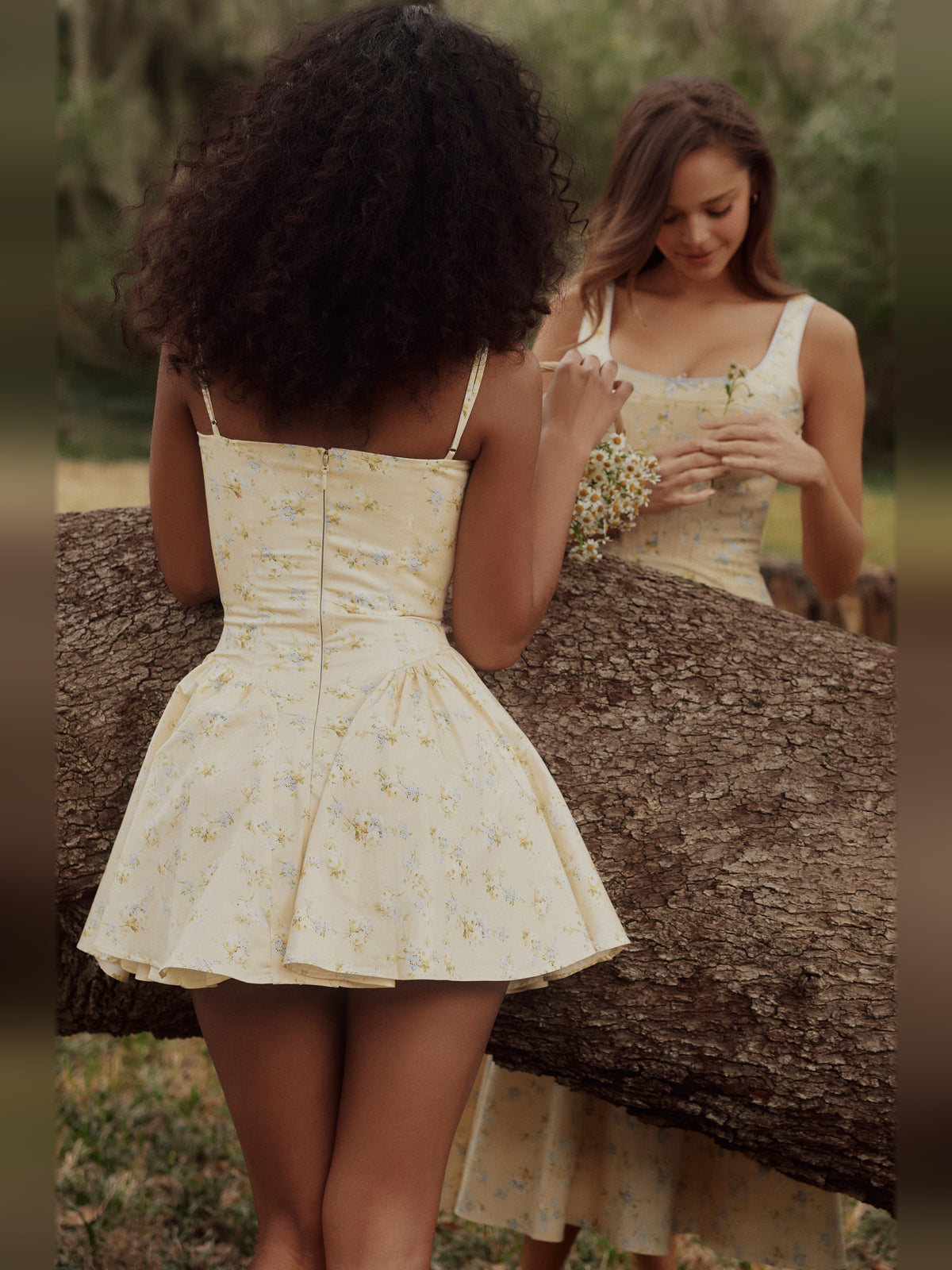 Floral mini dress back view with corset bodice seams and flared skirt