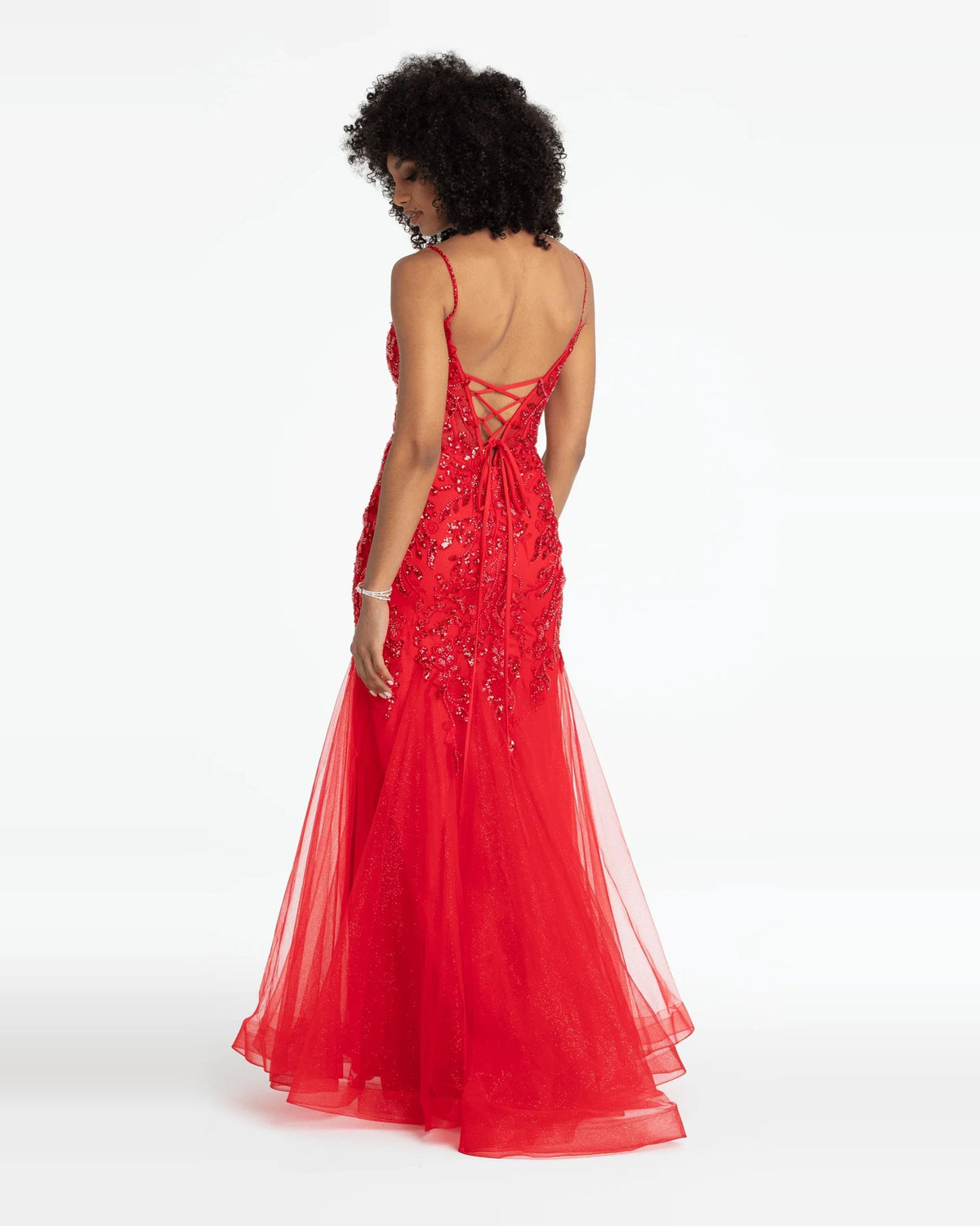 Red beaded corset mermaid dress with open-back crisscross spaghetti straps, floor-length