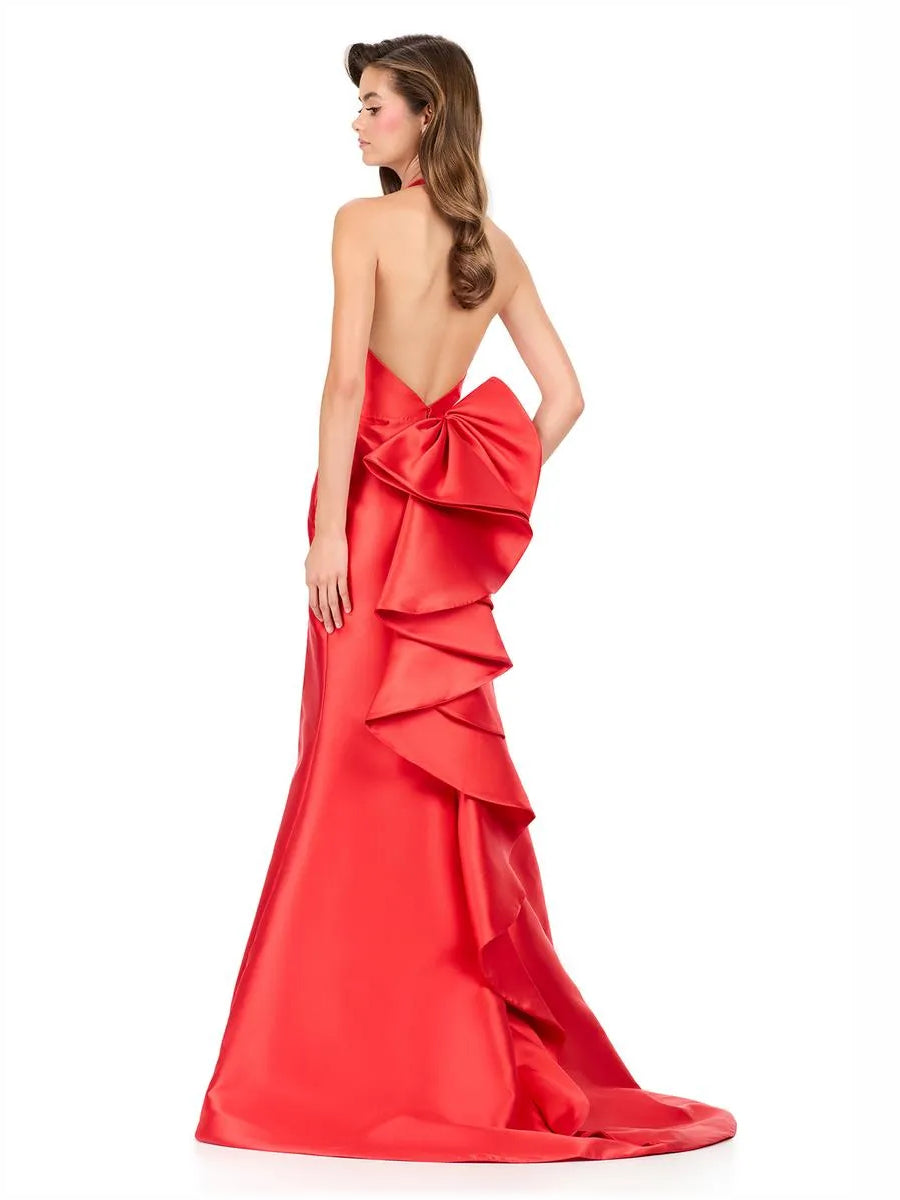 Red satin halter corset ruffle floor-length gown, open back detail