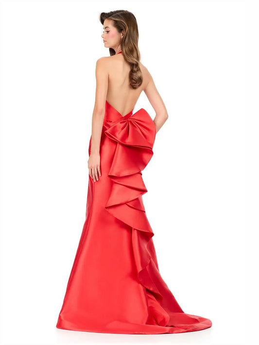 Red satin halter corset ruffle floor-length gown, open back detail