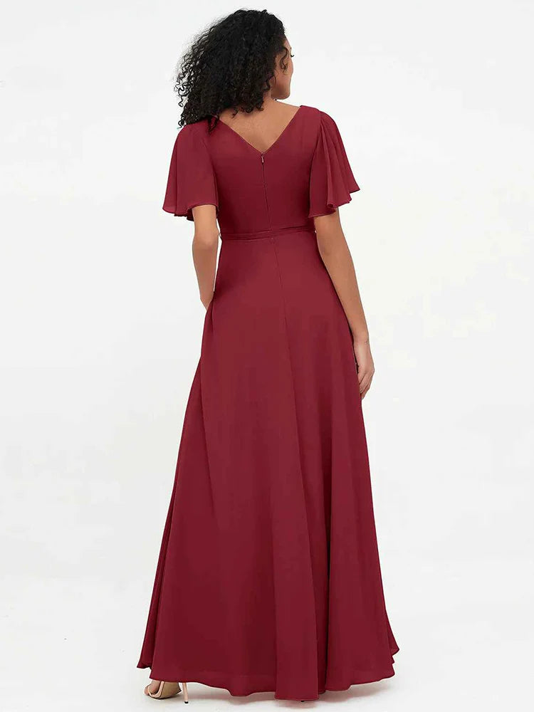 Burgundy back view A-line maxi chiffon bridesmaid dress with tie waist detail