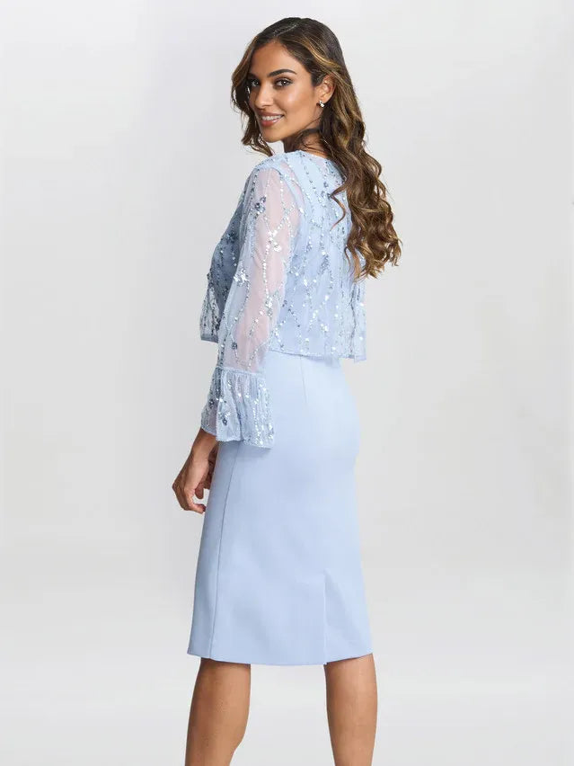 Light blue sheath dress with round neck and sheer sleeves, side view, knee length