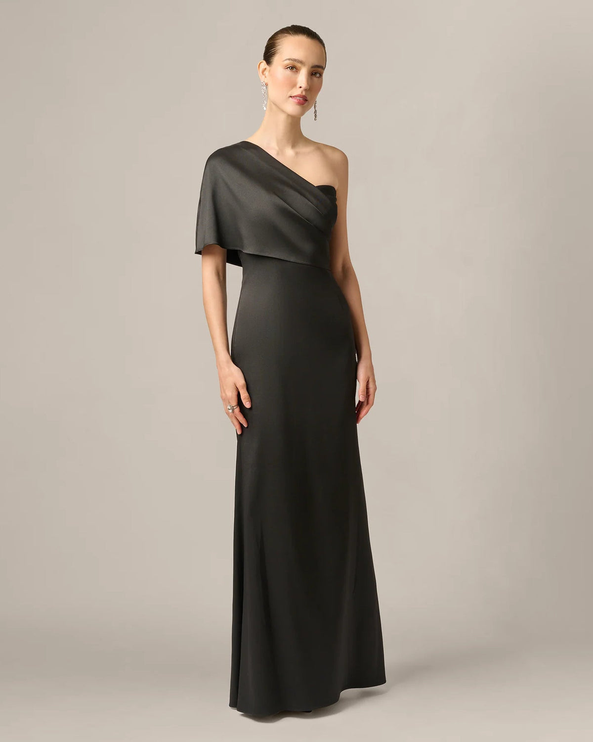 Black one-shoulder draped evening maxi dress with short flutter sleeve