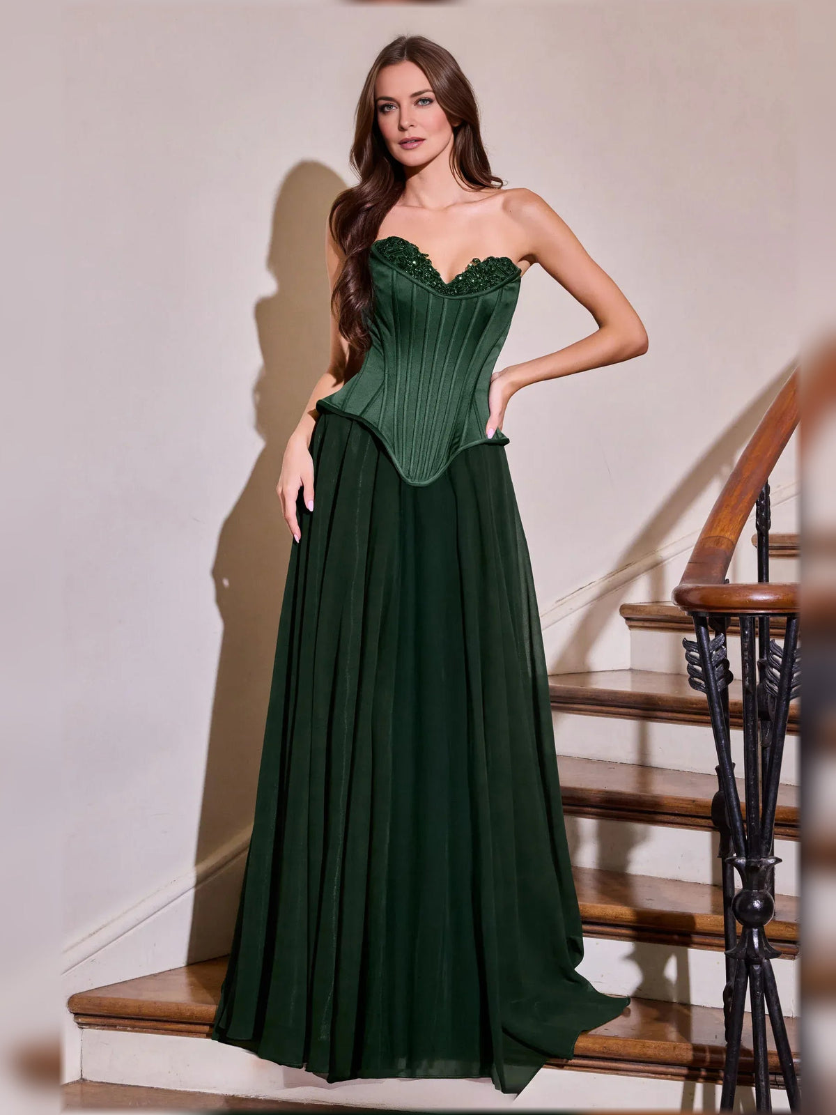 Deep green halter corset formal dress with lace neckline and flowing floor-length skirt