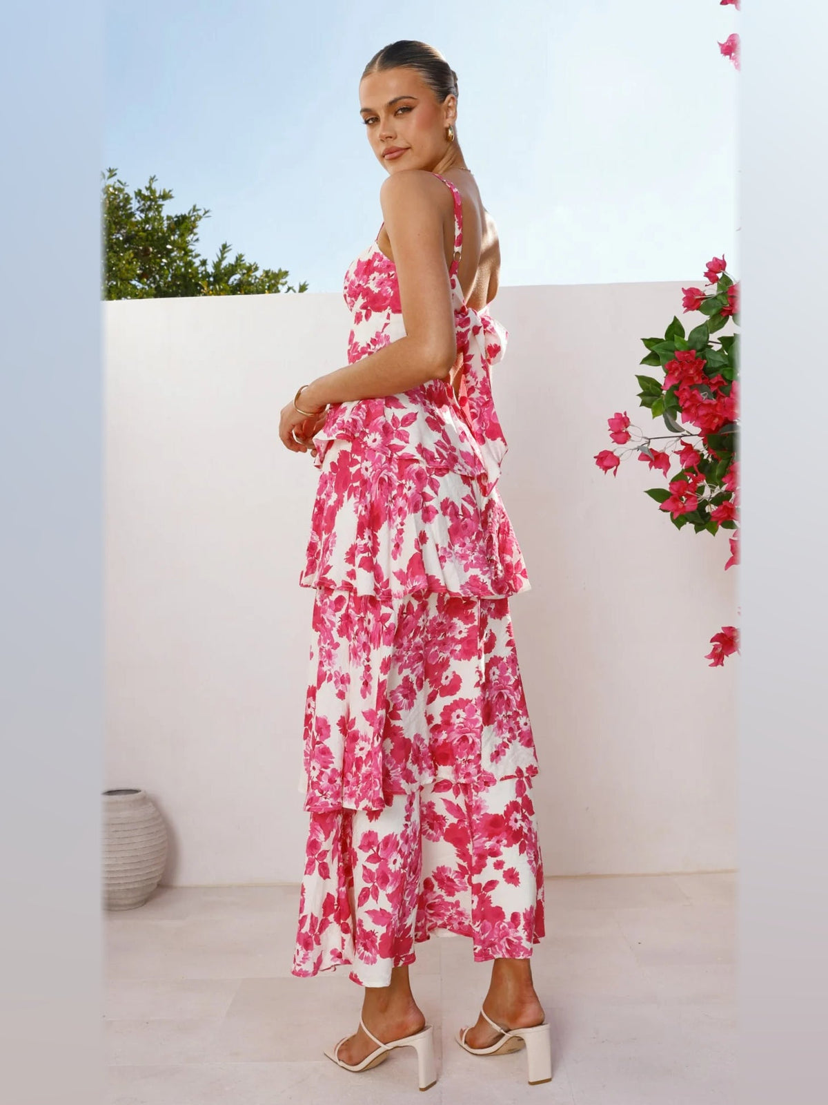 Pink White Floral maxi formal dress, back full-length view showing the bodice