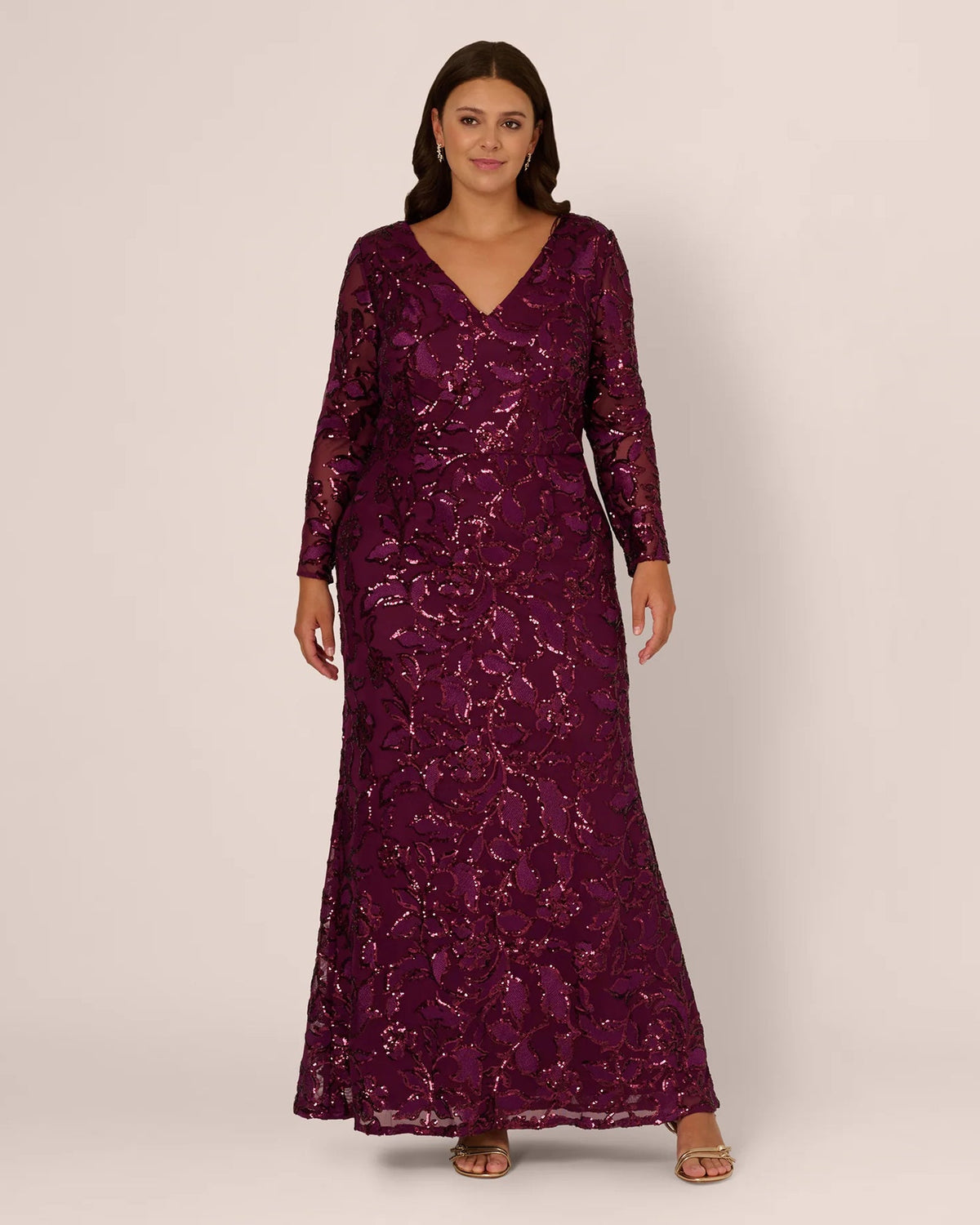 Burgundy long-sleeve mermaid maxi mother dress with V-neck and allover sequin embellishment