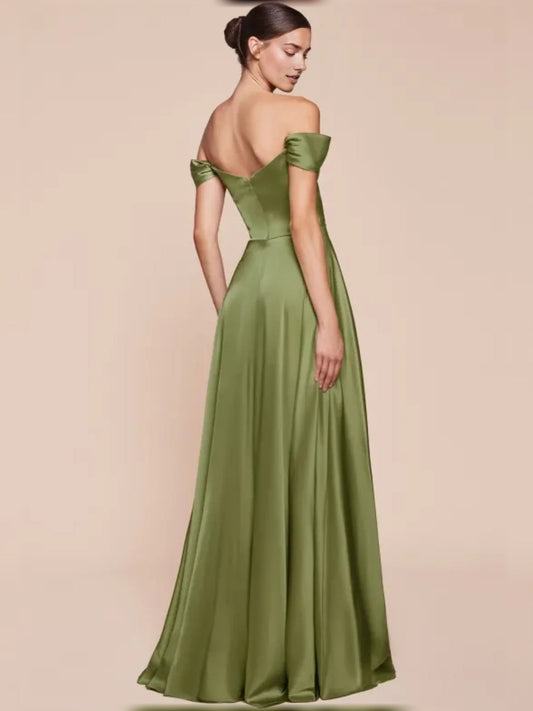 Olive green off-shoulder satin bridesmaid dress, ruched bodice, A-line floor length