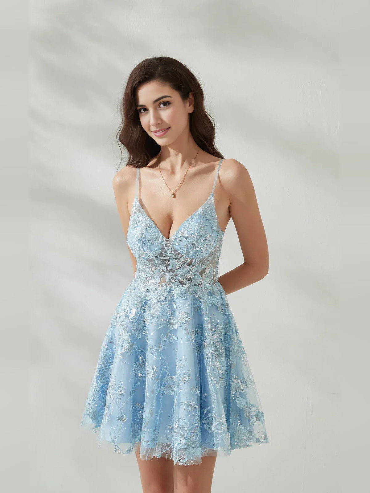 Sky blue floral lace corset mini dress, V-neck bodice and gathered A-line tulle skirt