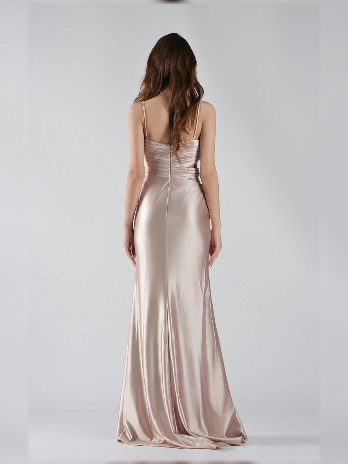 Taupe satin mermaid formal dress with ruched bodice, spaghetti straps, open back