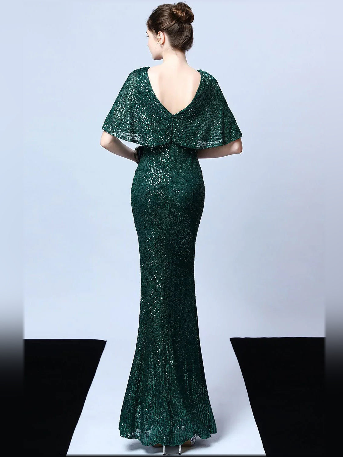 Dark green sequin mermaid formal dress with V-back and short sleeves