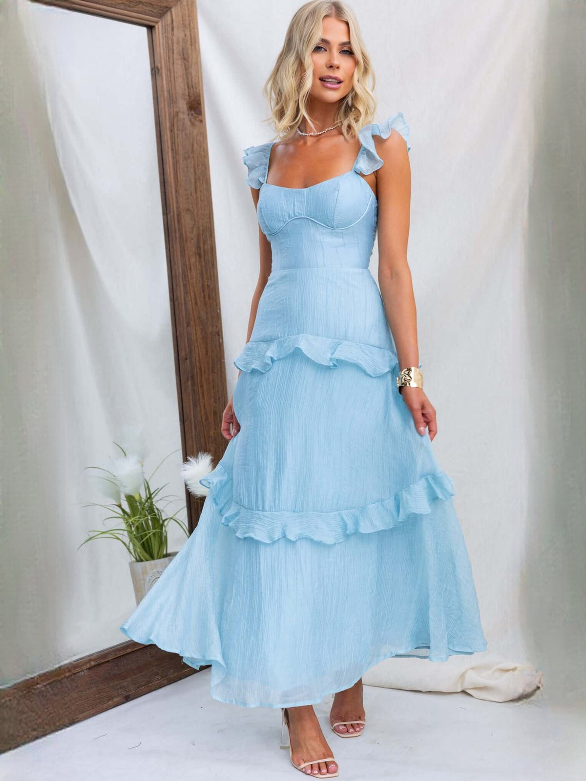 Light Blue a-line maxi formal dress with ruffle details, alternate full-length view