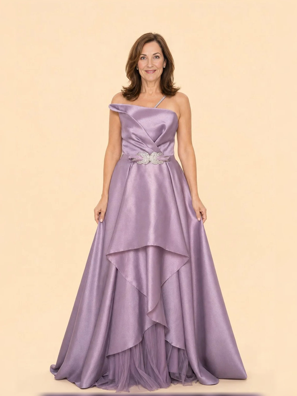Light purple one-shoulder satin A-line maxi dress with draped ruffle hem