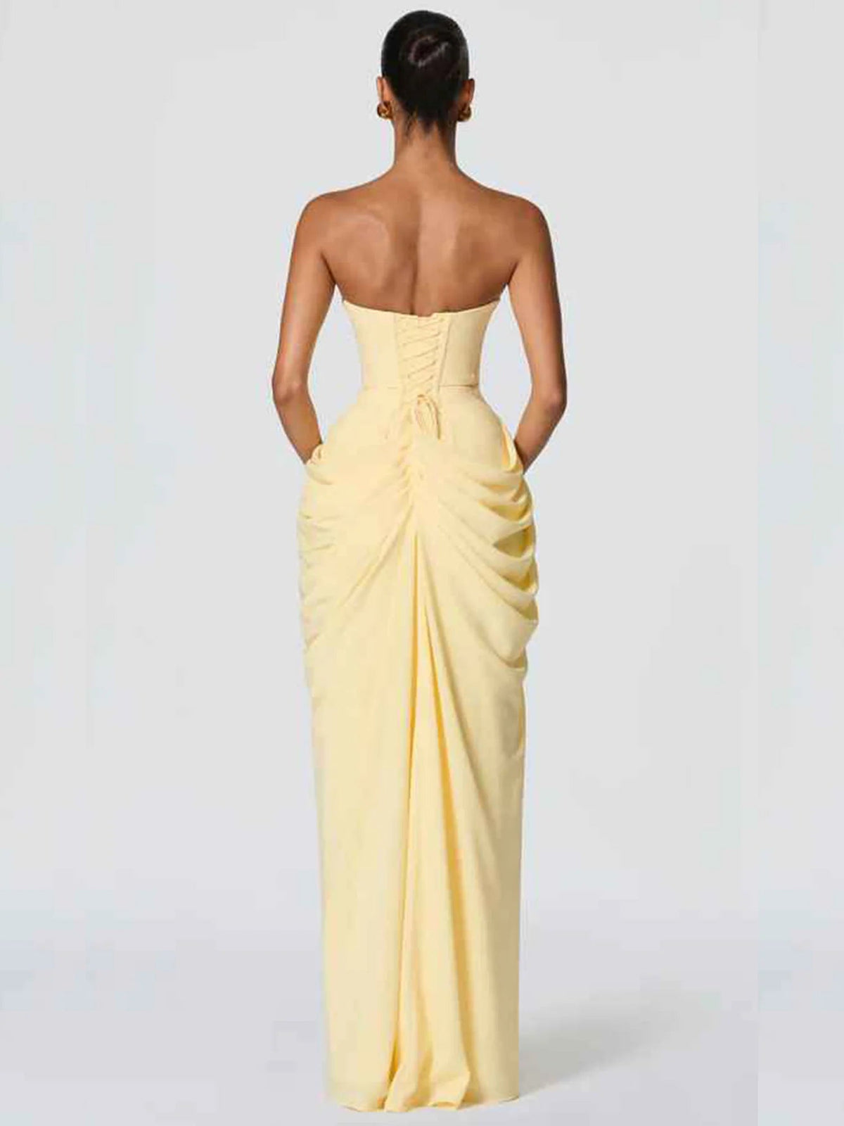 Yellow strapless maxi dress with ruched draped back and high leg slit, chiffon