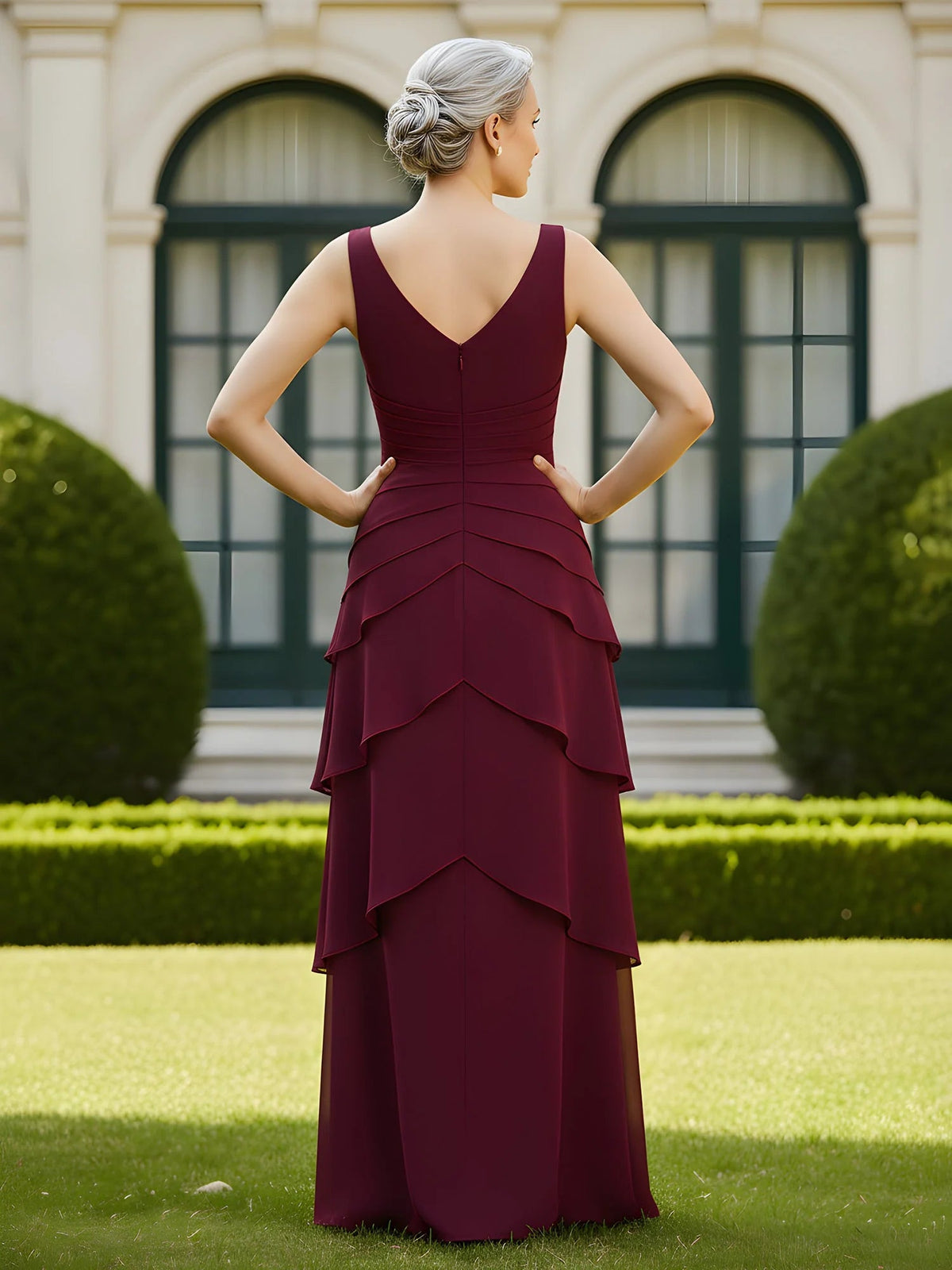 Cabernet v-neck ruching tiered formal dress, sleeveless, back view with layered ruffles