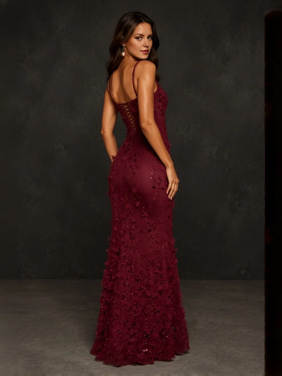 Burgundy corset-style mermaid prom dress with square neckline and lace-like floral detailing