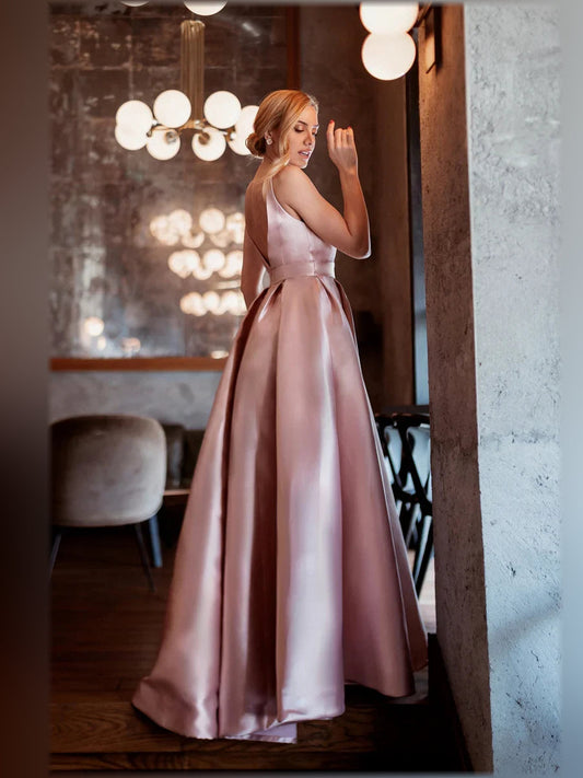 Pink satin V-neck sleeveless A-line formal dress with front slit, floor-length