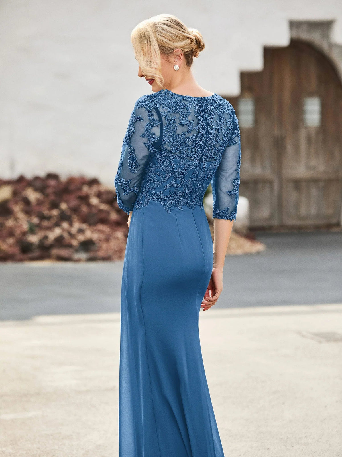 Ink blue sheath formal dress with lace back yoke and 3/4 lace sleeves, floor length