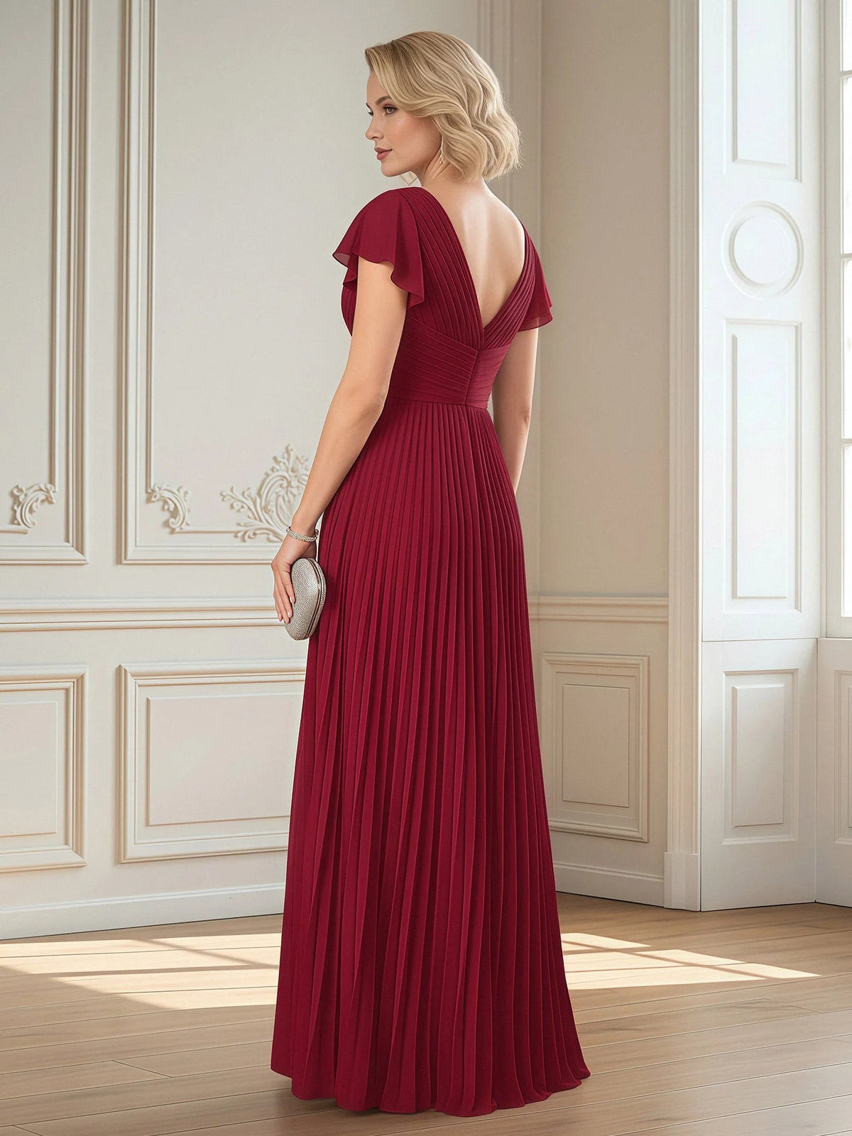 Burgundy pleated chiffon V-neck A-line floor-length dress, open back