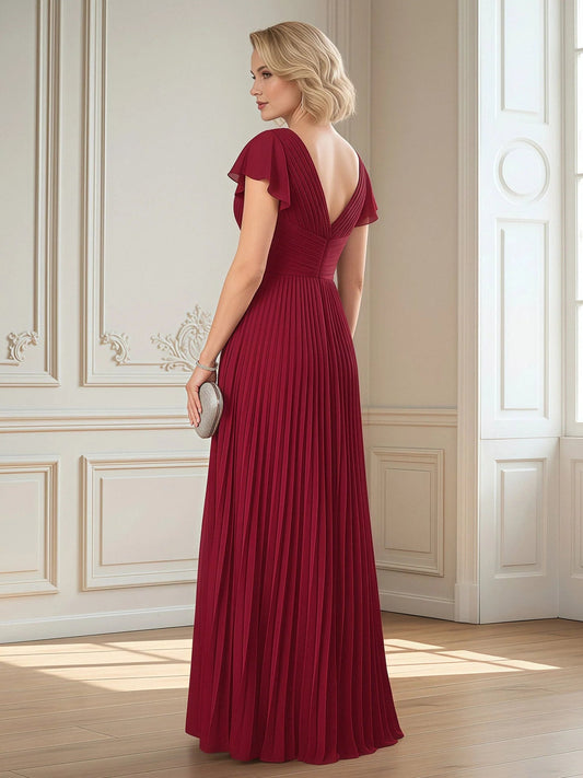 Burgundy pleated chiffon V-neck A-line floor-length dress, open back