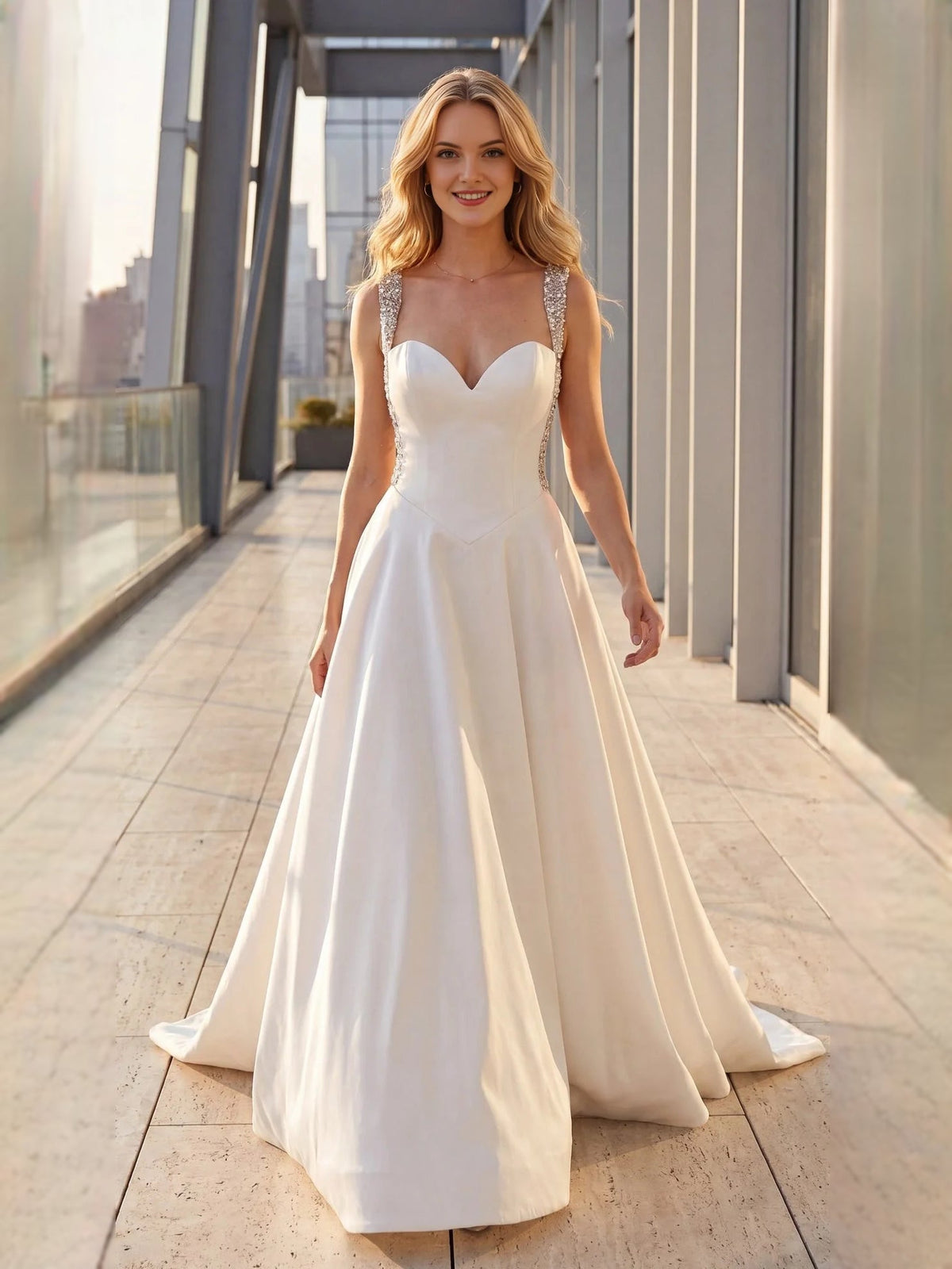 White satin A-line wedding dress, sweetheart bodice, beaded crystal shoulder detailing